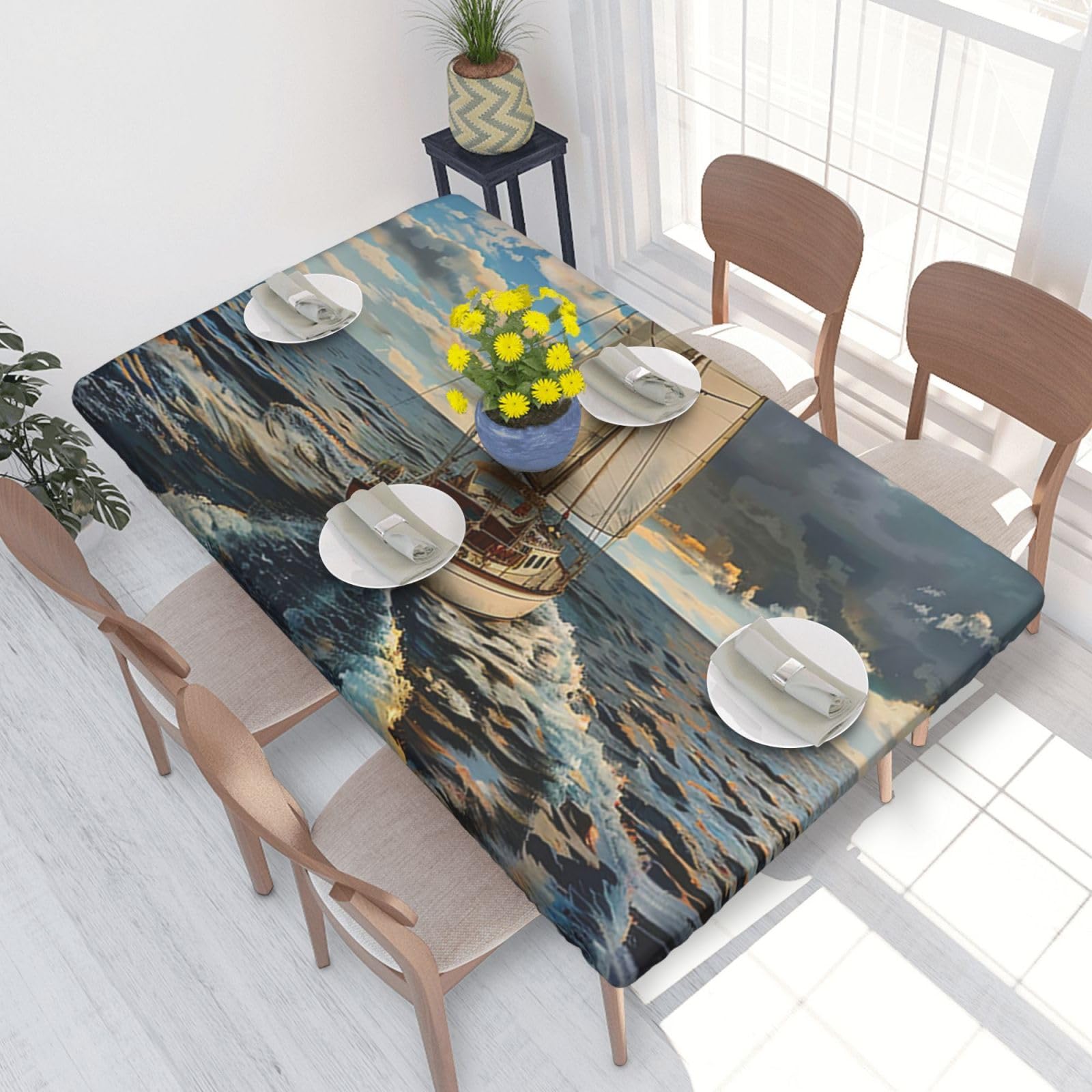 DCARSETCV Sea Sailboat Printed 4FT Waterproof Tablecloth with Elastic Edged Protect & Decor Your Table, Oil-proof Washable Table Cloth Cover for Dinner Picnic Party