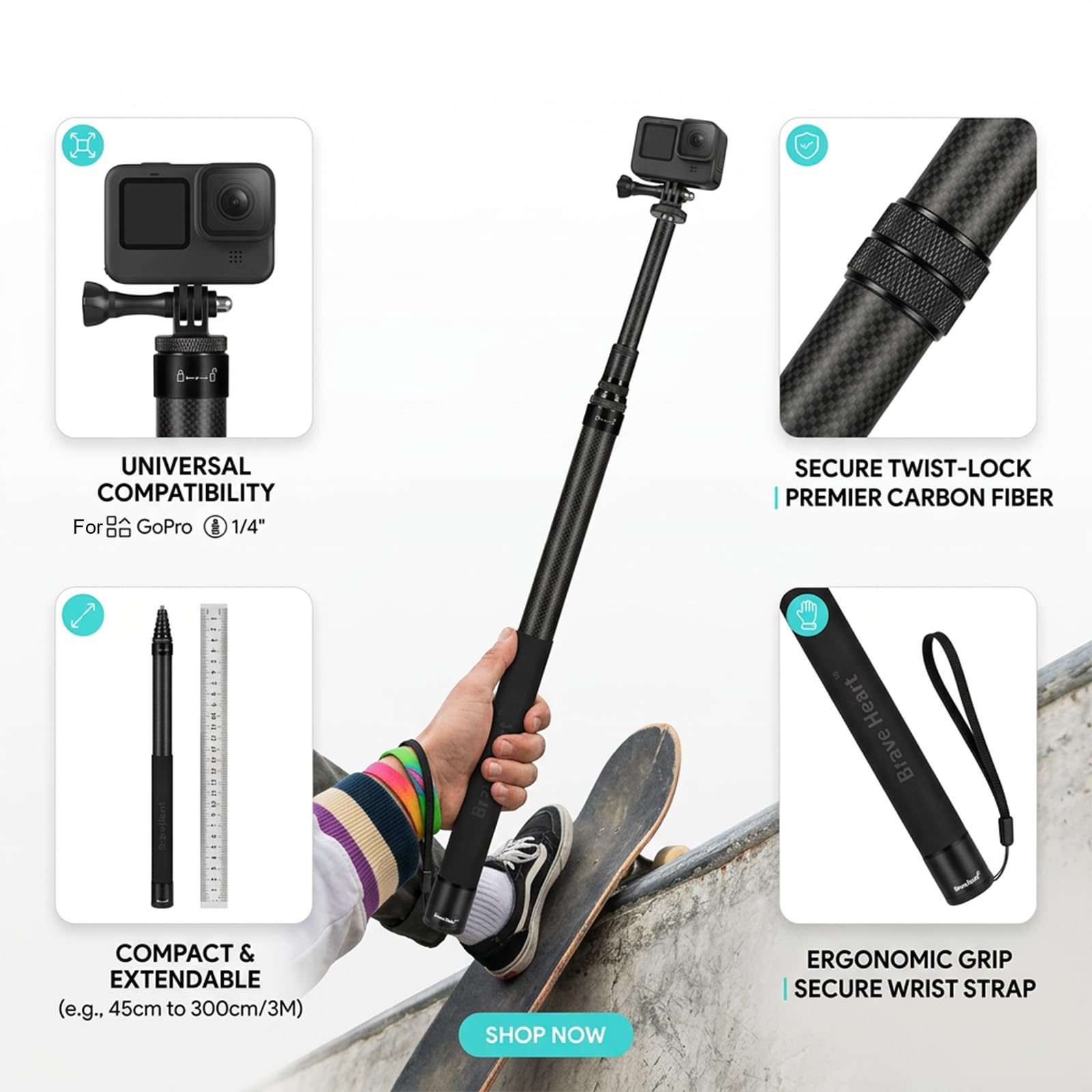 Perche à selfie invisible en fibre de carbone pour Insta360 ONE X5 X4 X3 X2/ONE RS/ONE R/ONE X Accessoires pour caméra panoramique DJI osmo 360 (Noir)
