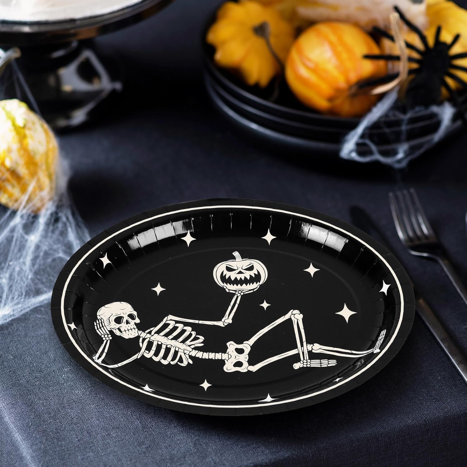 JarThenaAMCS 50Pcs Halloween Oval Paper Plates 10" x 12" Large Black White Skeleton Pumpkin Disposable Plates Spooky Platters for Halloween Holiday Party Tableware Supplies