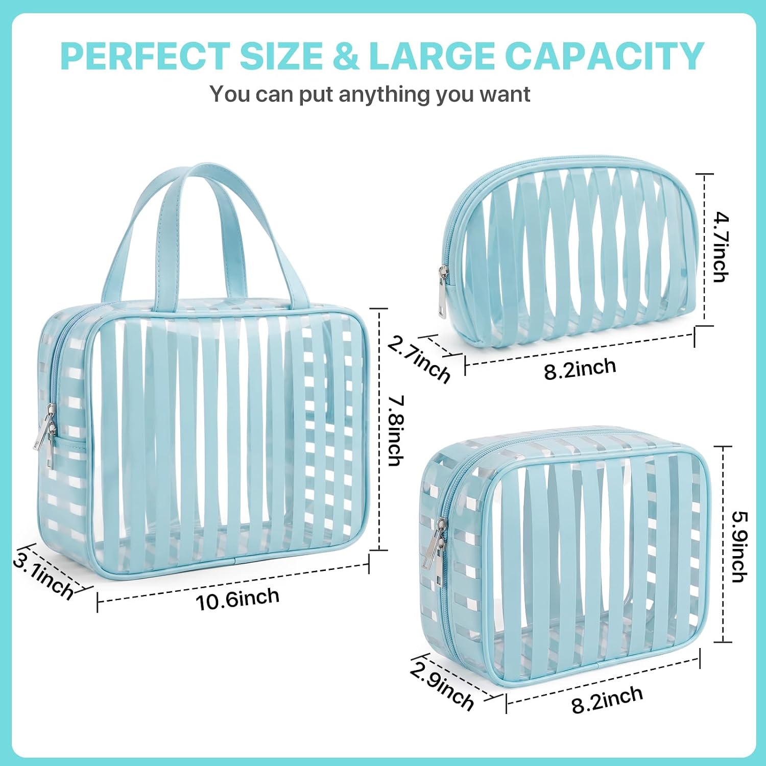 3 Pack Clear Blue PVC Travel Toiletry Bags - TSA Approved Waterproof Makeup Organizer Set with Handle, Striped Cosmetic Pouches for Airplane Gym and Daily Use image 3