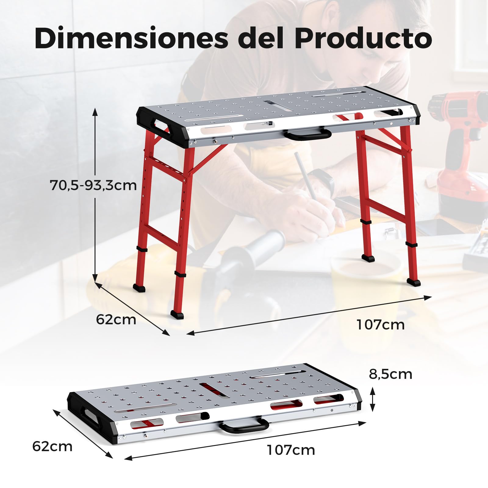 COSTWAY Banco de Trabajo Plegable, Mesa de Trabajo con Altura Ajustable en 7 Niveles, Agujeros y Ranuras para Herramientas, Banco Trabajo Taller de Metal Portátil con 2 Abrazaderas