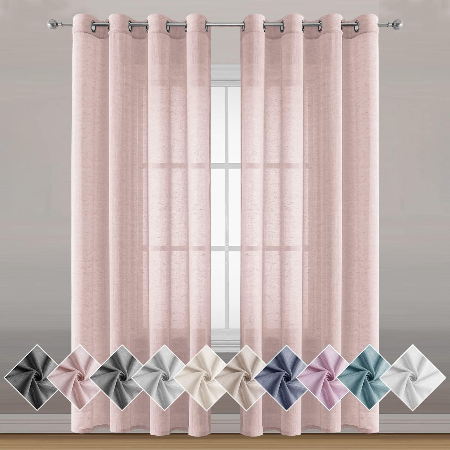Ami Creation Plain Cotton Linen Sheer Net Curtains for Door 12 feet Long, Salmon Pink, Set of 2