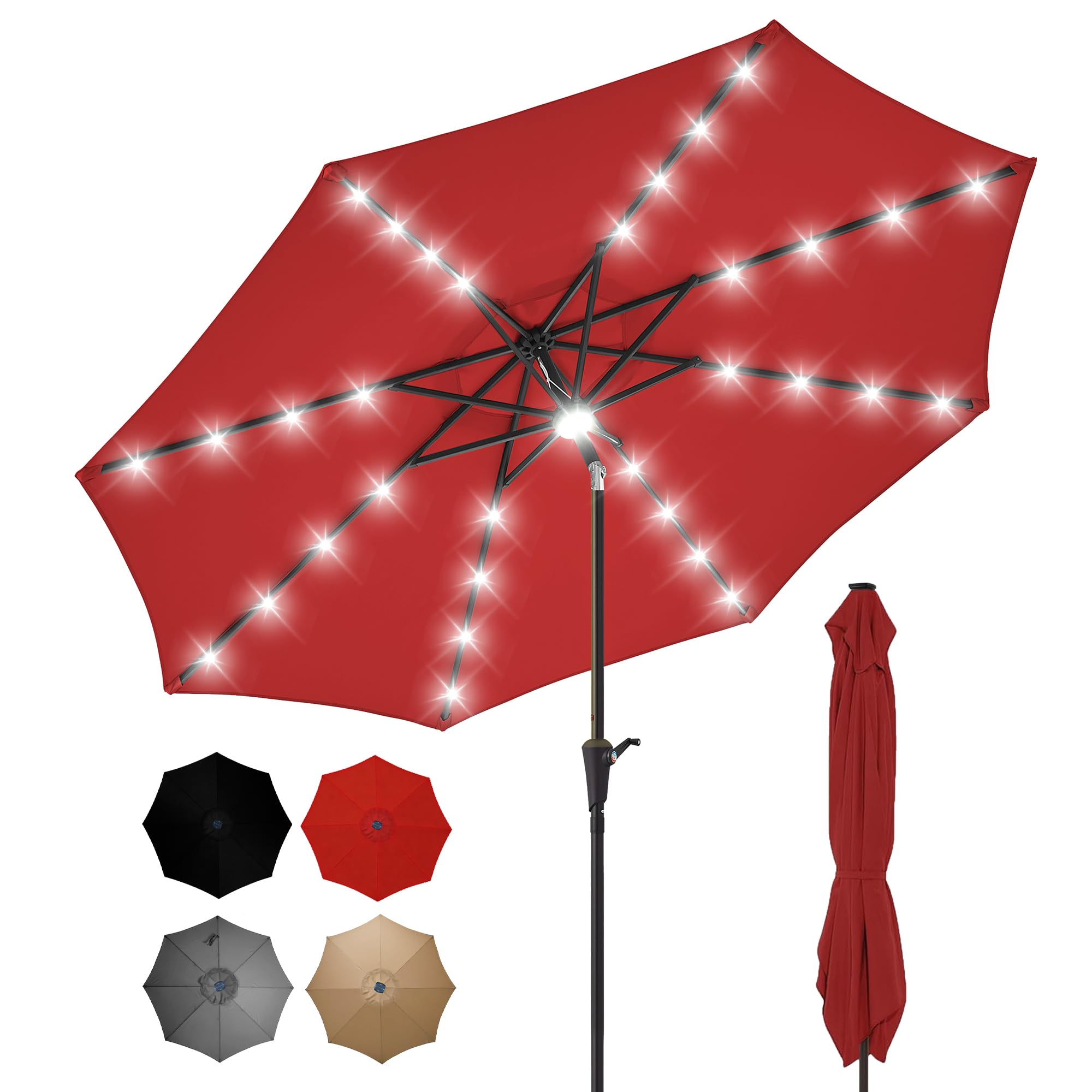 SANGMUCEN 7.5/9 ft Patio Umbrella with Lights, Light Lighted parasol de patio with 1800mAh Battery, Reinforced 6/8 Ribs & Dual-Stitched Canopy, Tilt and Crank for Balcony, Deck, Po image 6