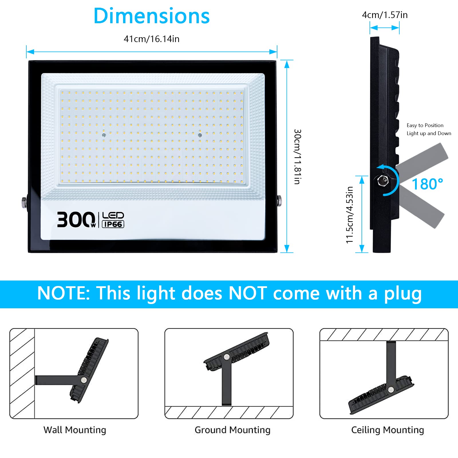 Luz de inundación LED de 300 W, blanco frío 6000 K, IP66 impermeable súper brillante luz de trabajo, 110 V, reflector al aire libre para patio, jardín, garaje, césped, cancha 2