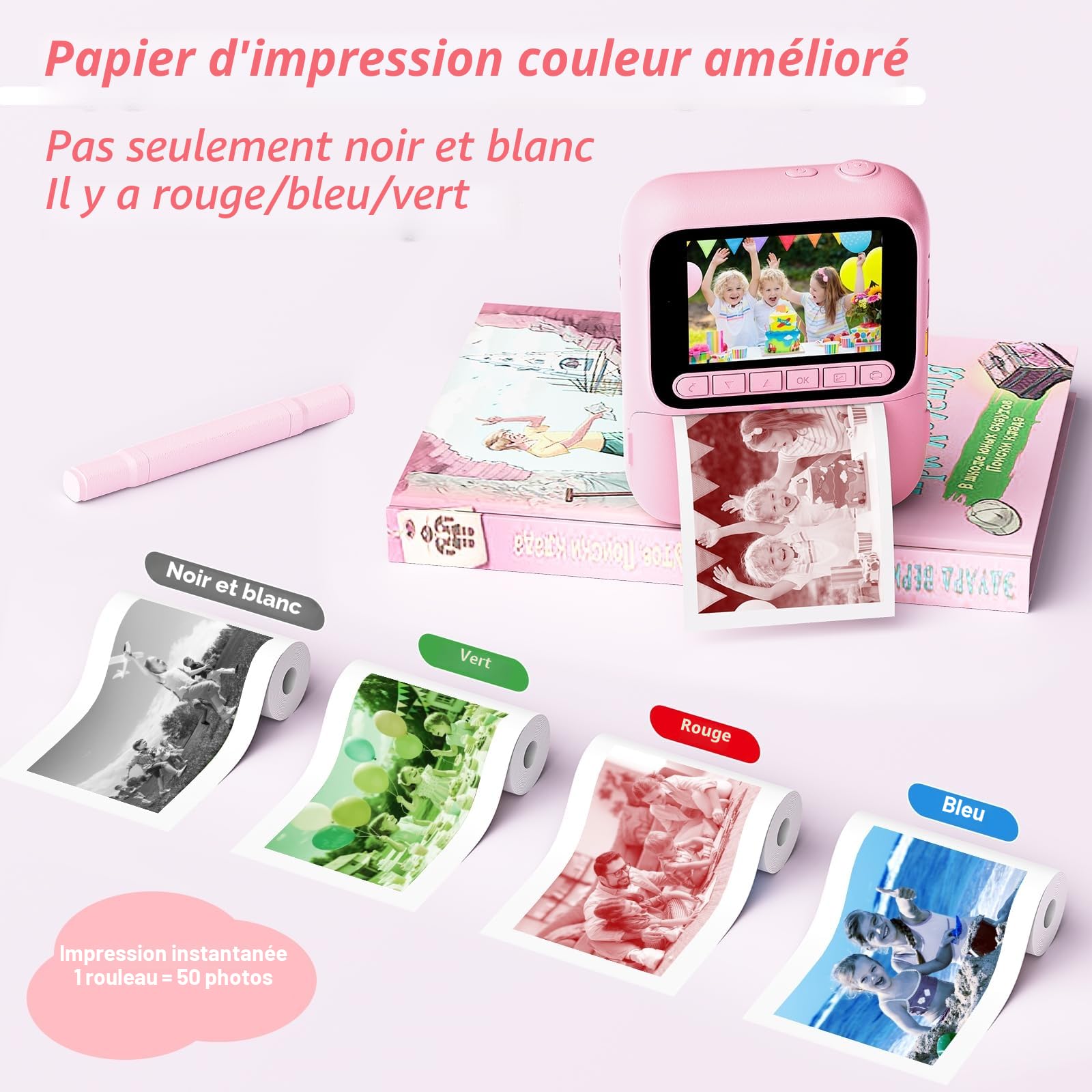 Appareil Photo Instantané Enfants,1080P Appareil Photo Enfant avec 5 Rouleaux de Papier,Carte 32GB et Stylos de Couleur,Appareil Photo Numérique Portable pour Garçons et Filles de 3-14 Ans (Rose)