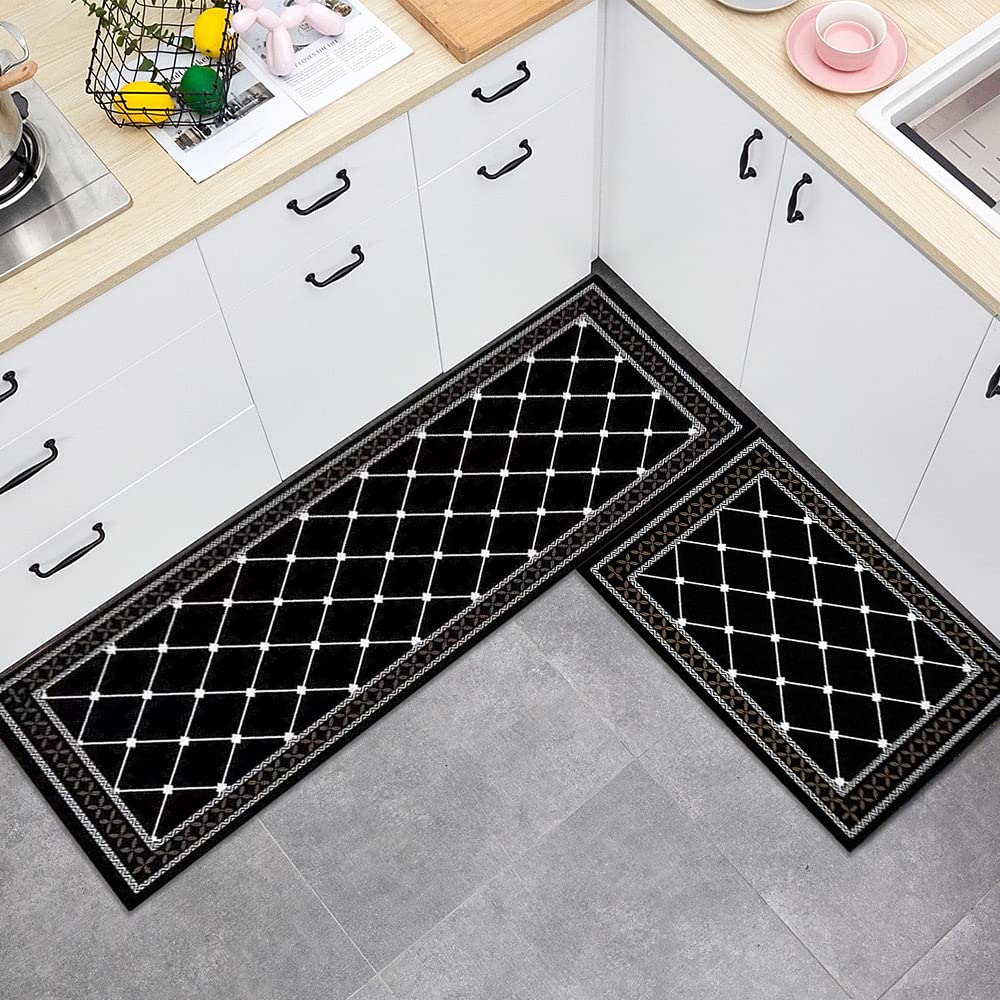 2-Piece Rug Set Non-Slip Kitchen Mat Rug Set Washable Kitchen Mats and Rugs Hallway Runner Set for Dining Room Entryway 59 * 40cm+39.5 * 119cm (Black and white rhombus)