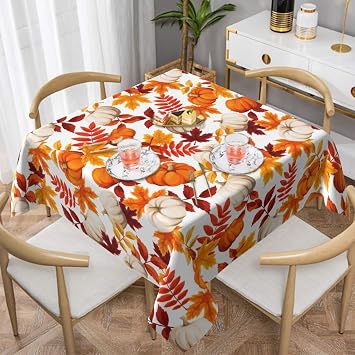 Thanksgiving Tablecloth Square 60 Inch Fall Harvest Autumn Pumpkin Fallen Leaves Maple Leaf Print Decorative Table Cloth Holiday Decorations Seasonal Decor for Home Kitchen Dining Room Picnic Party