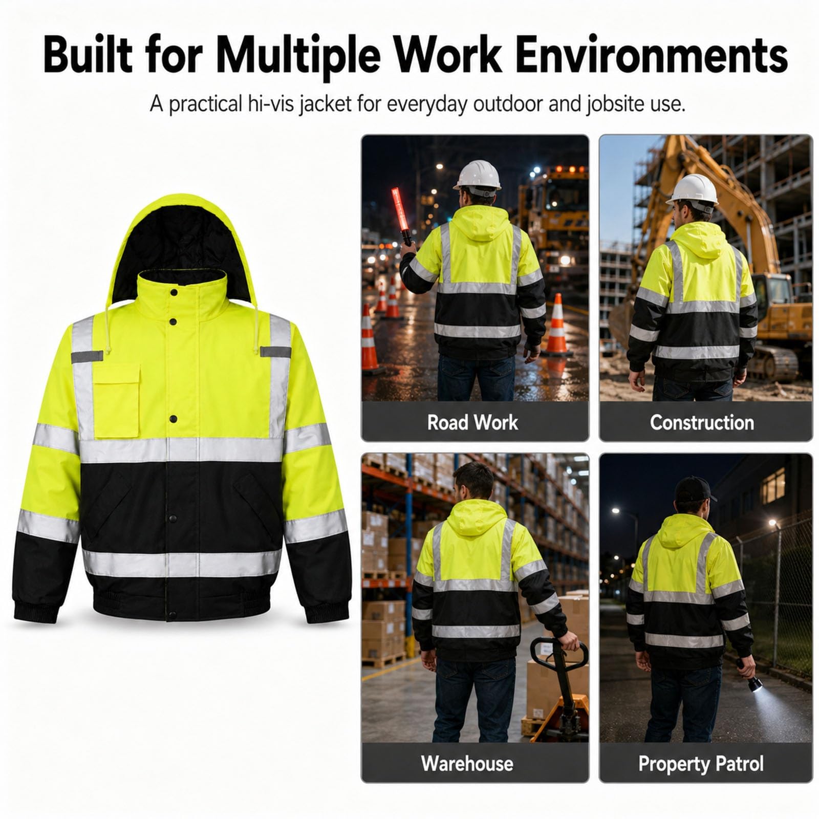 Chaqueta Alta Visibilidad Invierno Hombre, Chaqueta De Trabajo Reflectante | Forro Grueso De Algodón, Cuello Alto Cortavientos, Diseño Con Capucha, Cierre De Cremallera Suave(S)