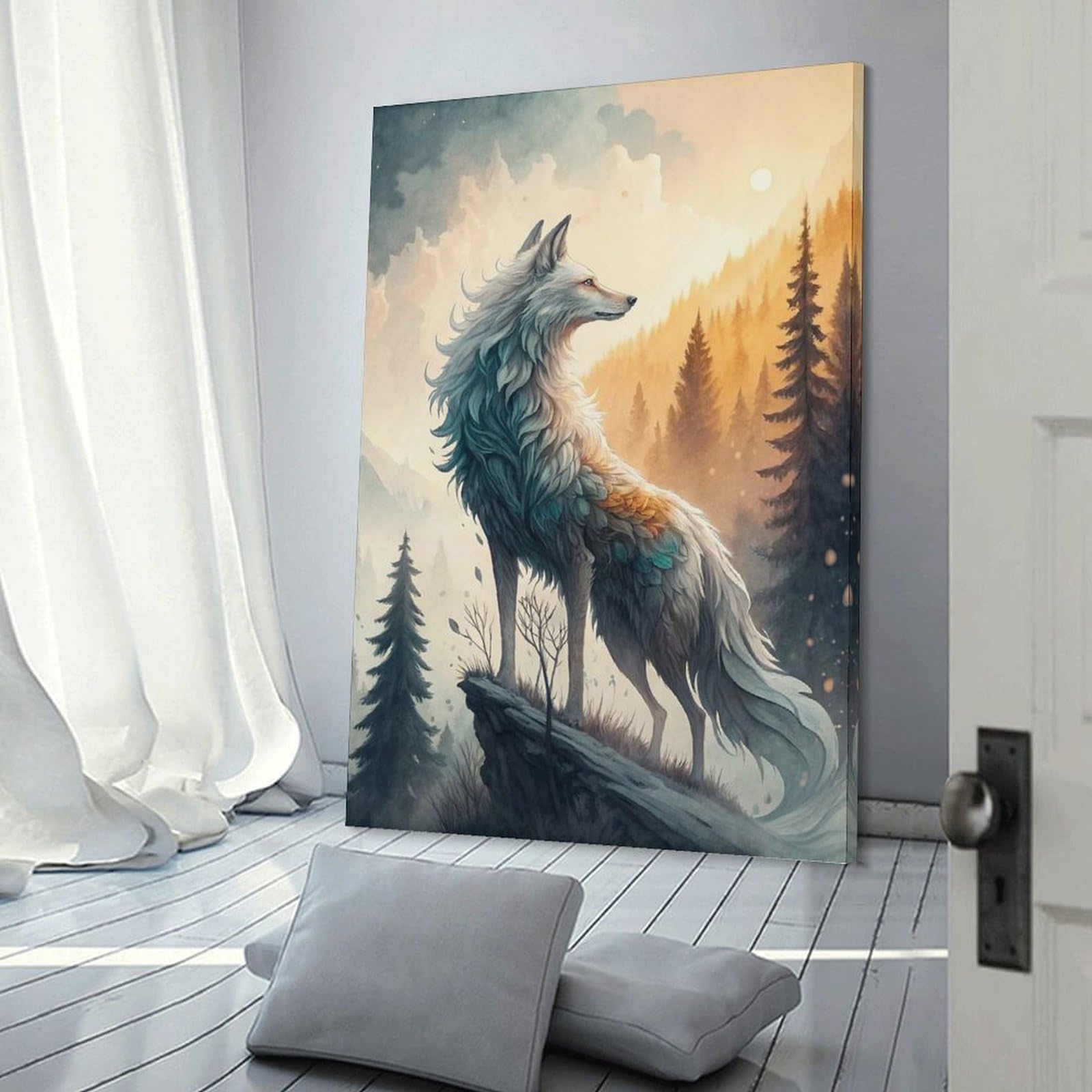 Junmoney Majestic Wolf in Mountain Landscape Room Decor Wall Art 24x36inch(60x90cm), for Bedroom, Guest Room Or Reading Nook, An Easy Wall Refresh for Bedrooms