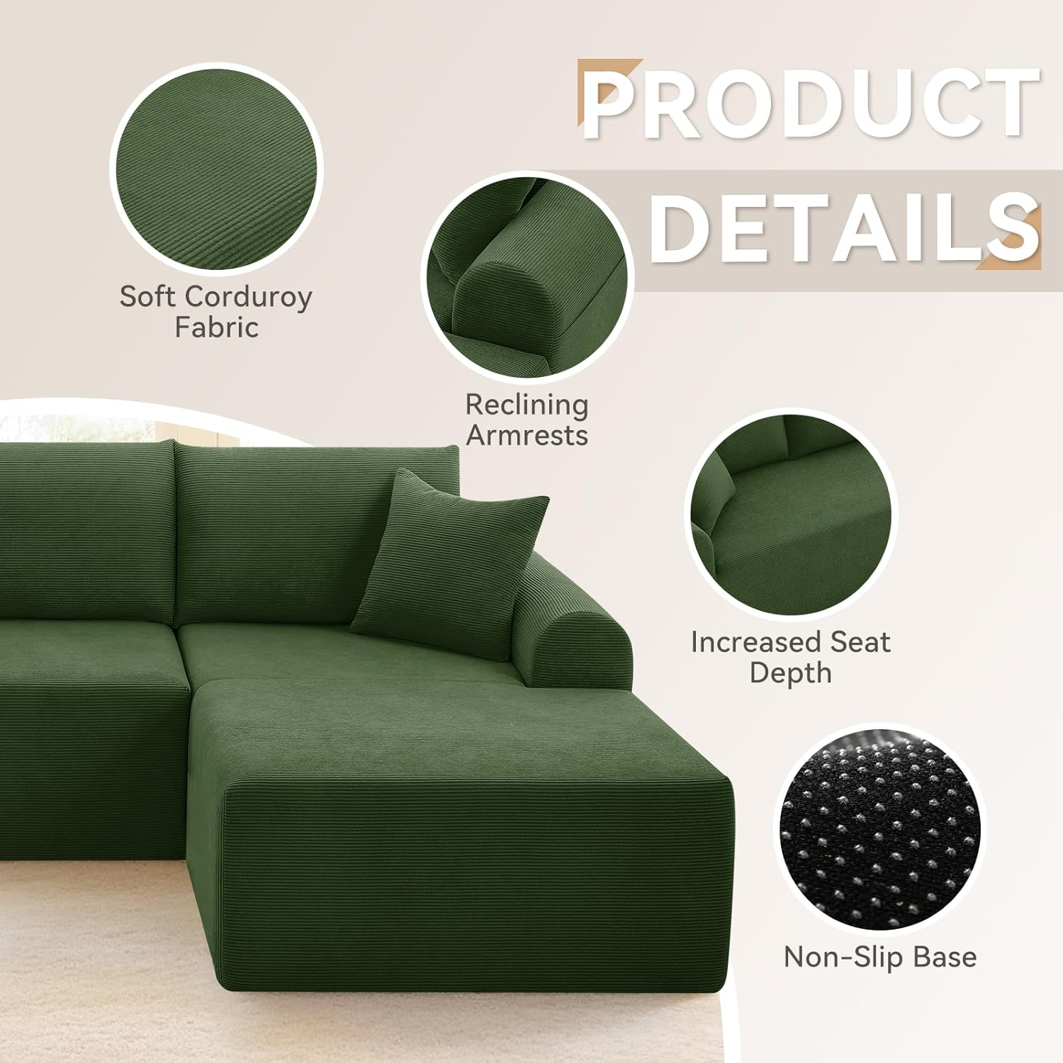 Modular Sectional Sofa with Chaise, Cloud Sectional Couch with Deep Seat, Modular L-Shape Sofa Corduroy Boneless Couch for Living Room,Bedroom,No Assembly Required(Green, Right Facing Chaise)