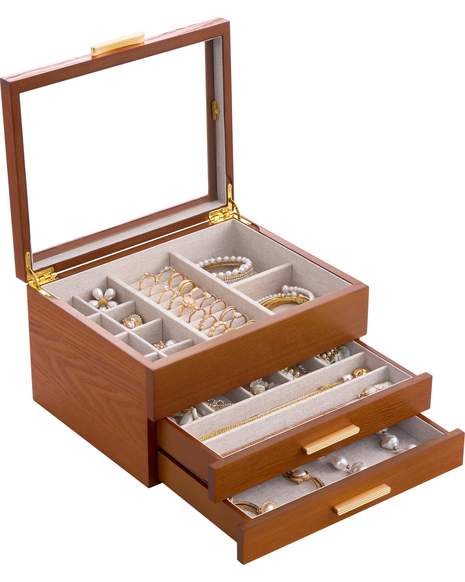 Lolalet Jewelry Box Clear Window Wood Grain Jewelry Storage for Earrings Bracelets Necklaces Rings High Capacity Organizer for