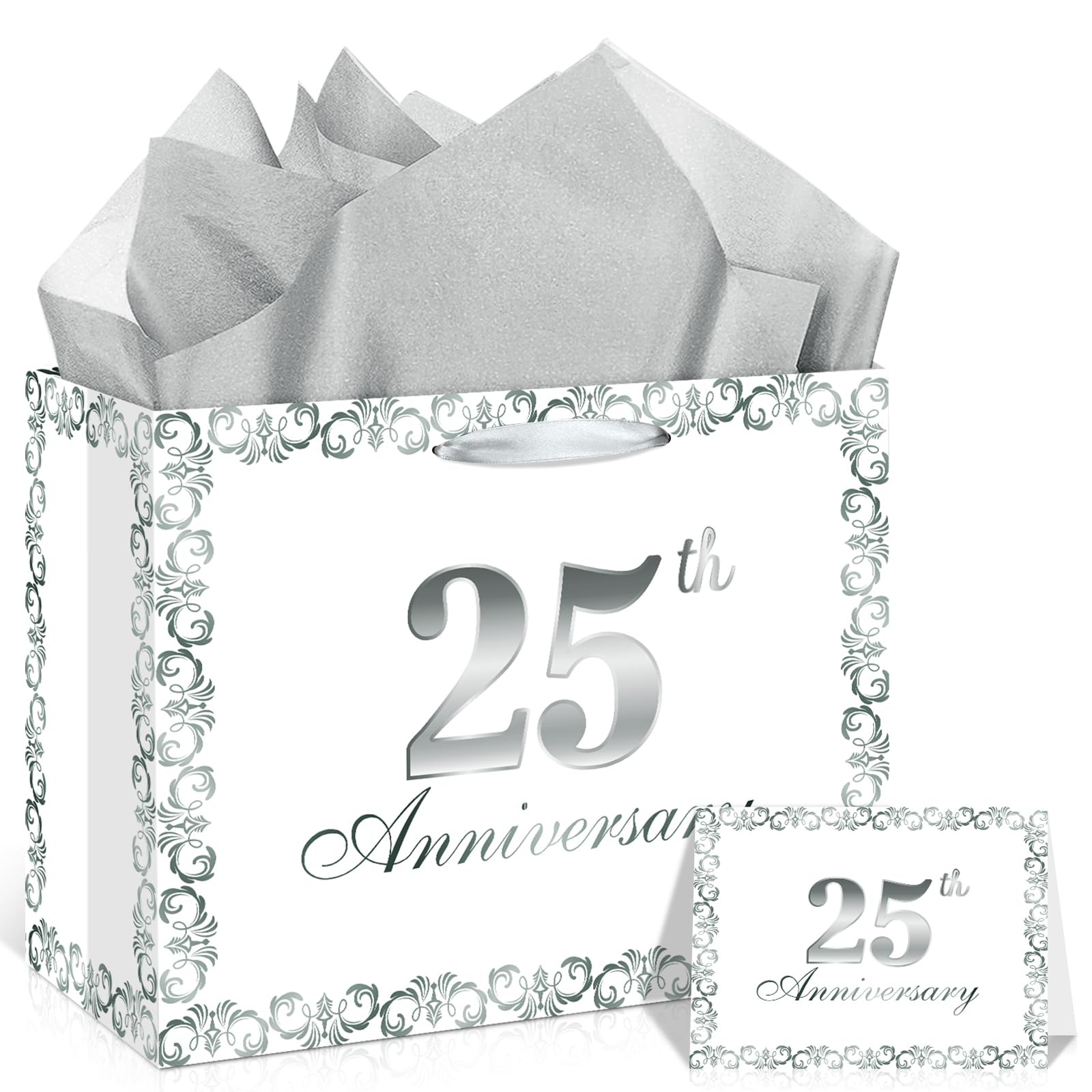 1PC Silver 25th Anniversary Party Gift Bag with Tissue Papers and Card, 11.8'' Silver White 25th Wedding Anniversary Paper Gift Wrapping Bag for Women Men 25 Years Wedding Party Decor Supplies