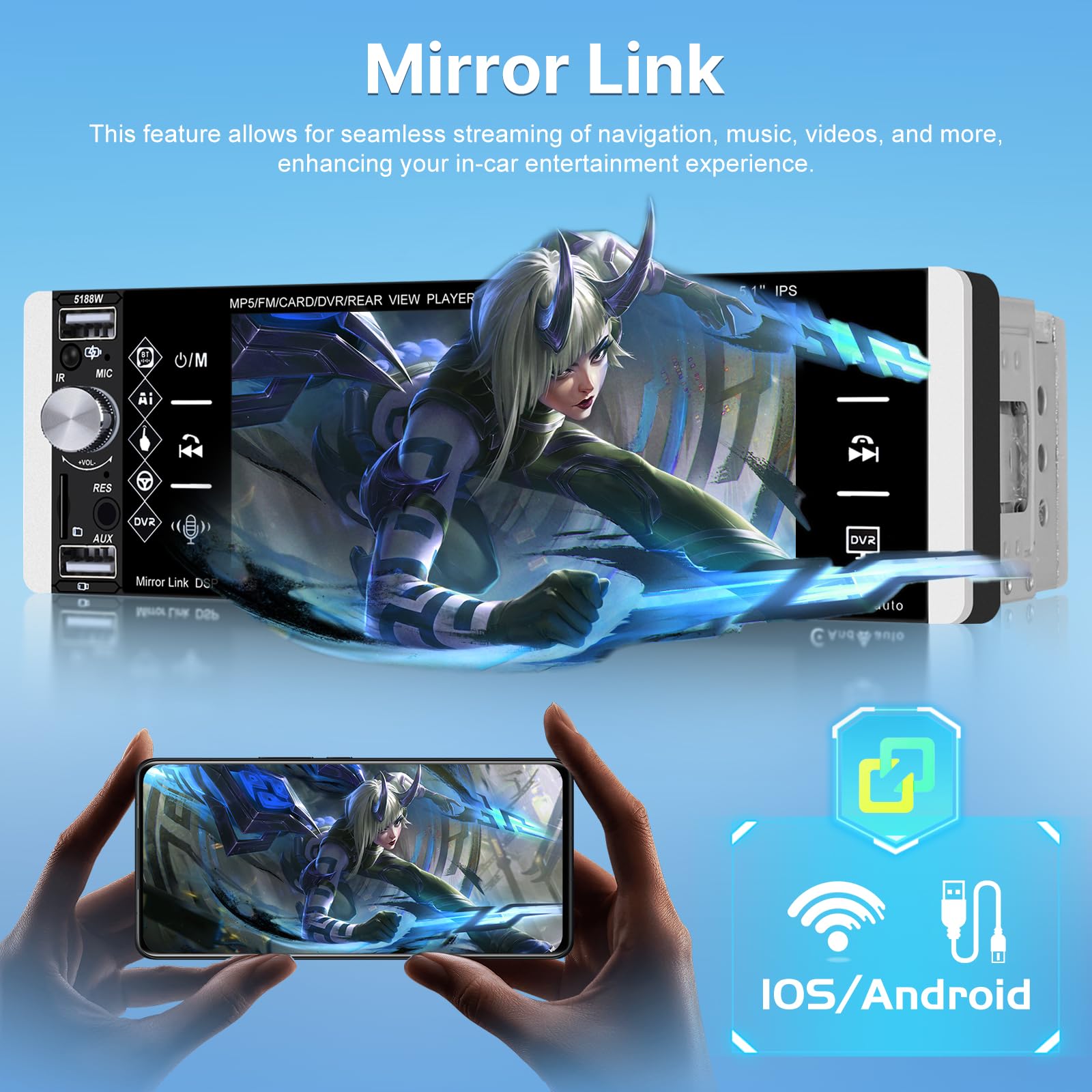 Autoradio 1 Din con Senza fili Carplay e Android Auto - Radio Bluetooth Touchscreen IPS da 5,1 Pollici con EQ, Mirror Link, Radio FM/AM/RDS, Bluetooth, Porta TF/AUX/USB, SWC + Telecamera di Backup