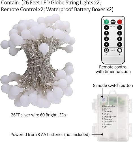 Miniatura 4 de GHUSTAR Guirnalda de luces LED con pilas, 1 paquete de 60 luces LED de 26 pies, 8 modos, impermeables, con control remoto, para decoración del