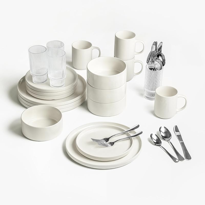 Juego de vajilla de 40 piezas, servicio para 4 platos, tazones y tazas de porcelana blanca, cristalería apilable acanalada, cubiertos de acero inoxidable de 20 piezas,