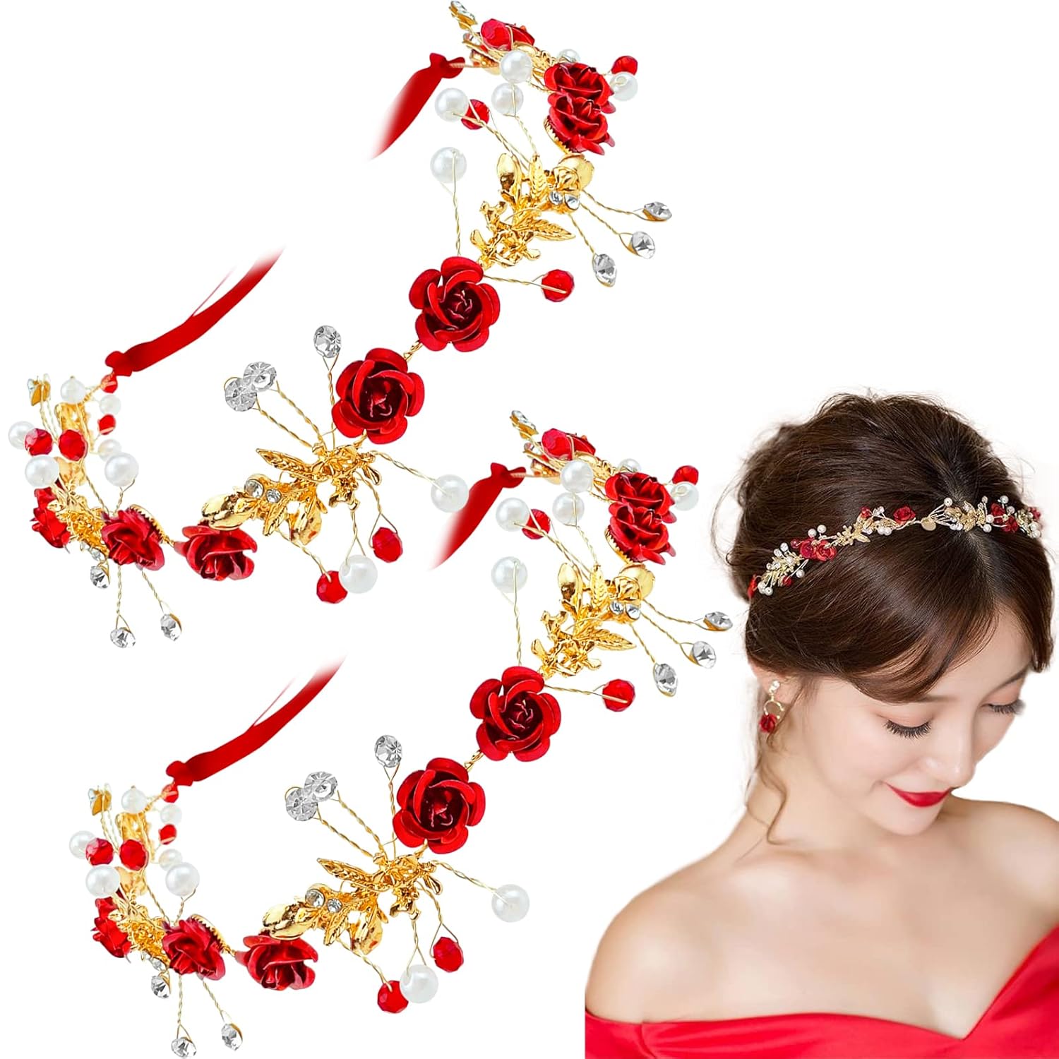 Aswewamt 2 Pcs Flower Crown Headband Rhinestone Pearl Tiara Rose Bride Crown Crystal Red Headband Wedding Headpiece Hair Jewelry for Women Aswewamt 2 Pcs Flower Crown Headband Rhinestone Pearl Tiara Rose Bride Crown Crystal Red Headband Wedding Headpiece Hair Jewelry for Women