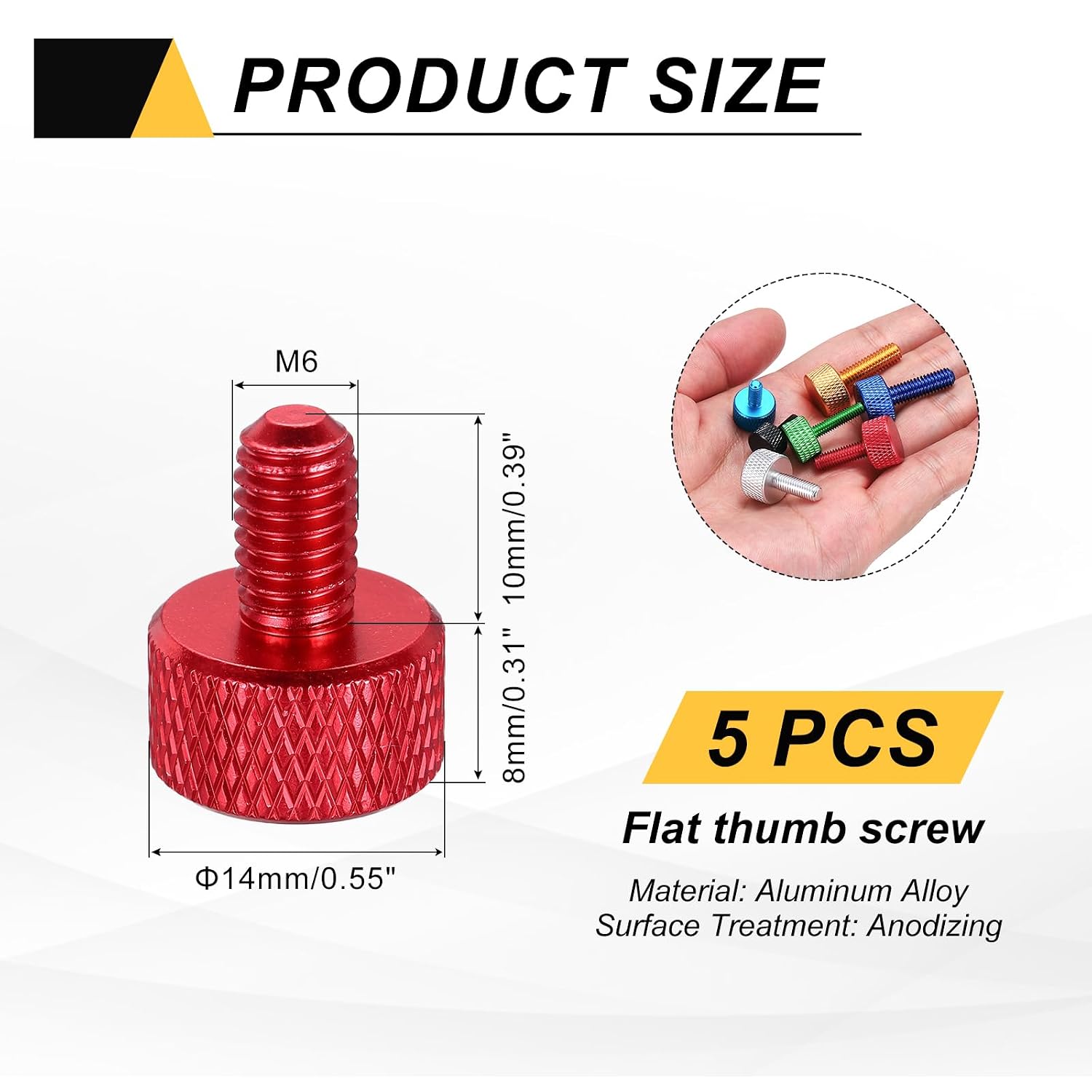 MECCANIXITY 5 Pcs M6x10mm Flat Head Knurled Thumb Screws, Solid Aluminum Alloy Fully Threaded Thumbscrew Bolts Fasteners for PC Computer Cases Graphics Card, Red