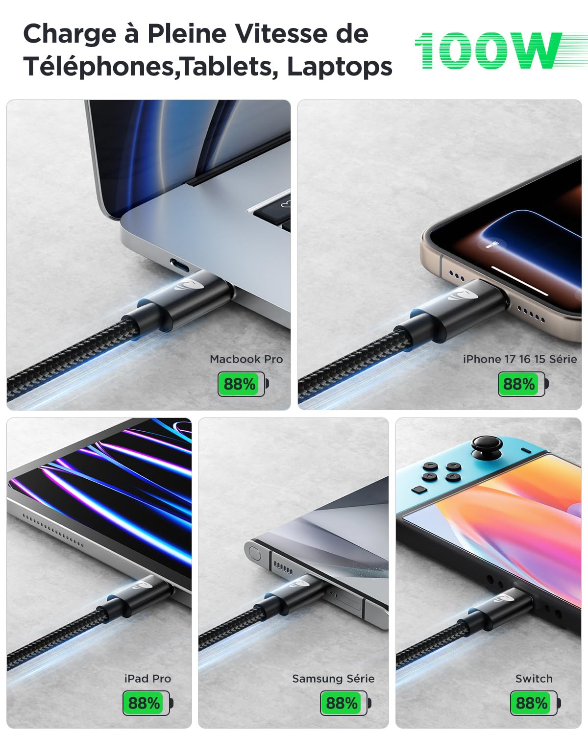 Câble USB C vers USB C 100W 5A 2M PD3.0 Charge Rapide pour iPhone 15 16 Pro Max Plus iPad Samsung S25 S24 S23