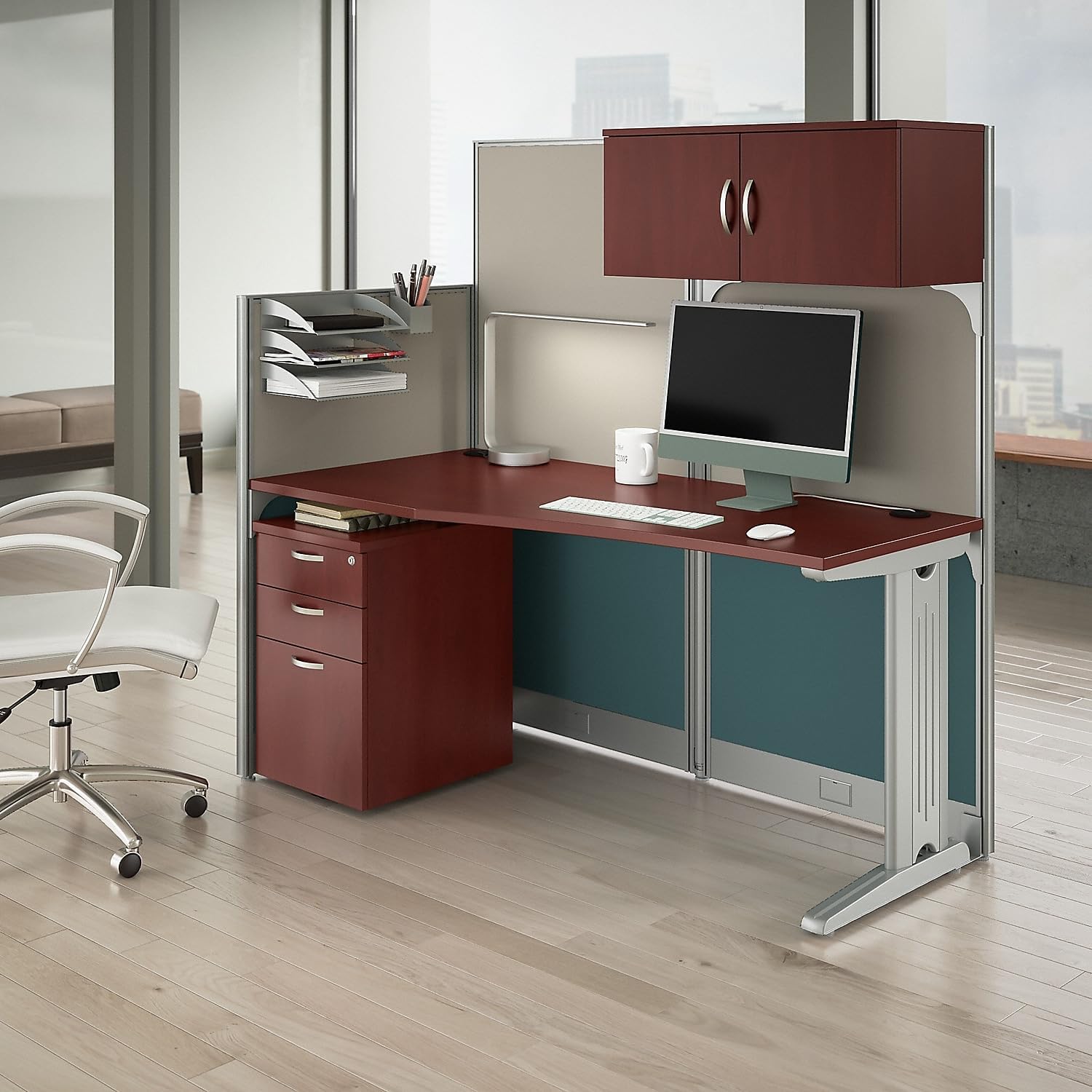 Bush Business Furniture Office in an Hour 65W Straight Cubicle Desk with Storage, Drawers, and Organizers in Hansen Cherry | Modern Computer Table Set with Privacy Panels for Commercial Workspace