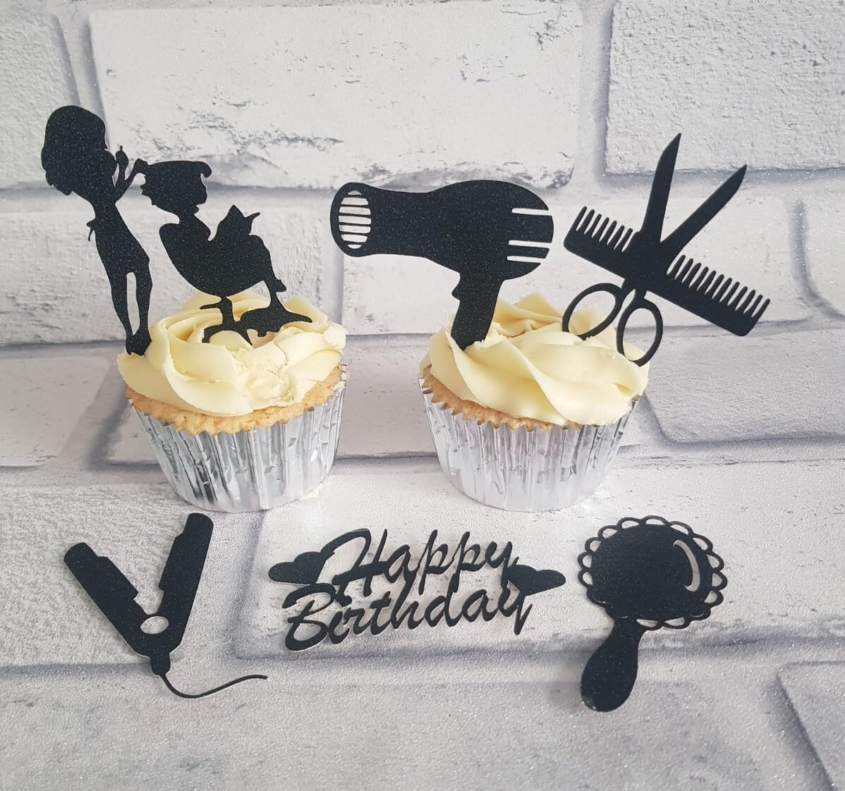 6 Black Glitter Card Hair Dressing Cupcake Toppers, Birthday, Arts and Craft, 3.5x6 cm