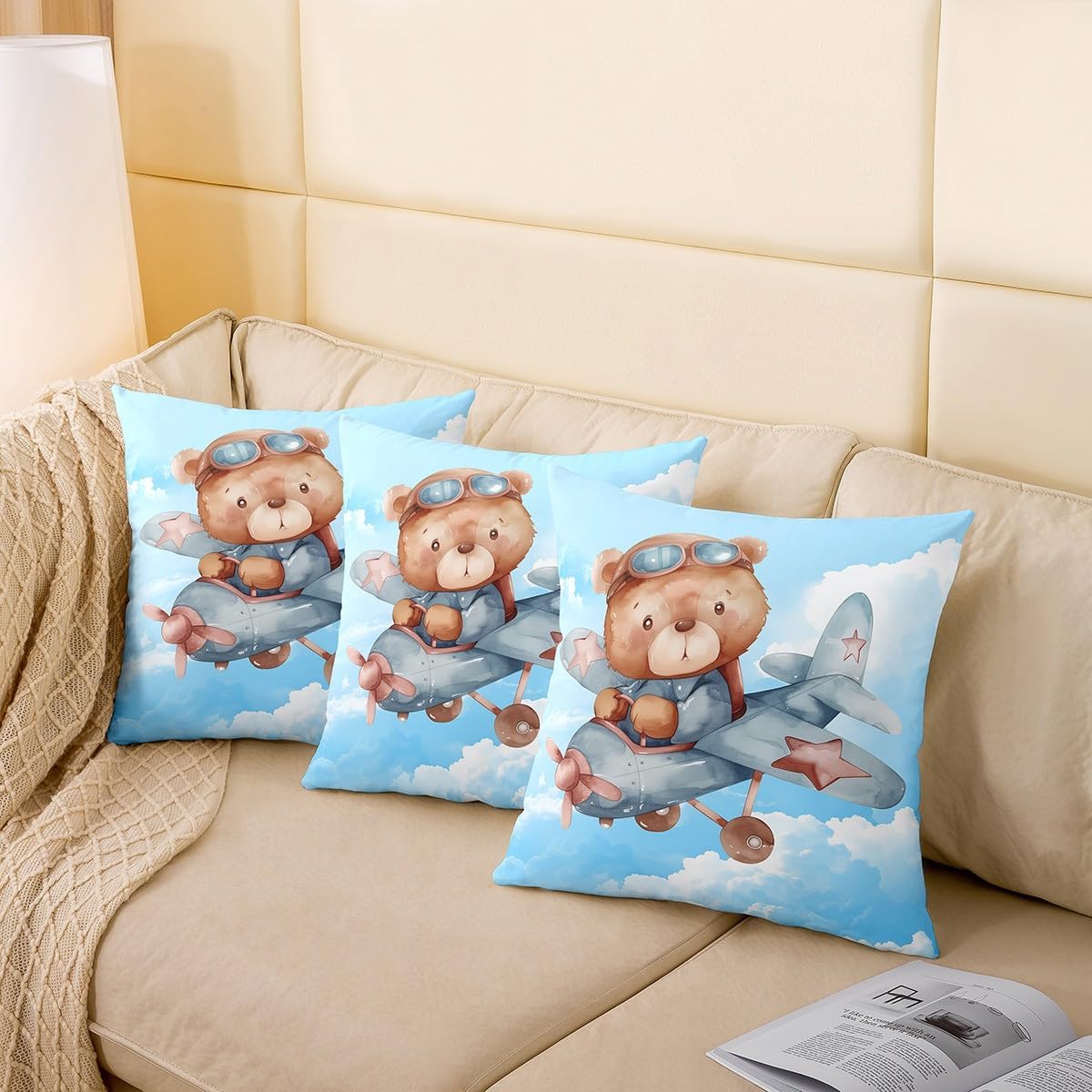 Manfei Cute Bear Pillow Case Cover,Kawaii Animals Soft Square Pillow Cover 18"x18" Pack of 4,Cartoon Airplanes Sky Decorative Throw Couch Sofa Pillow Cover,Double Sides Print image 4