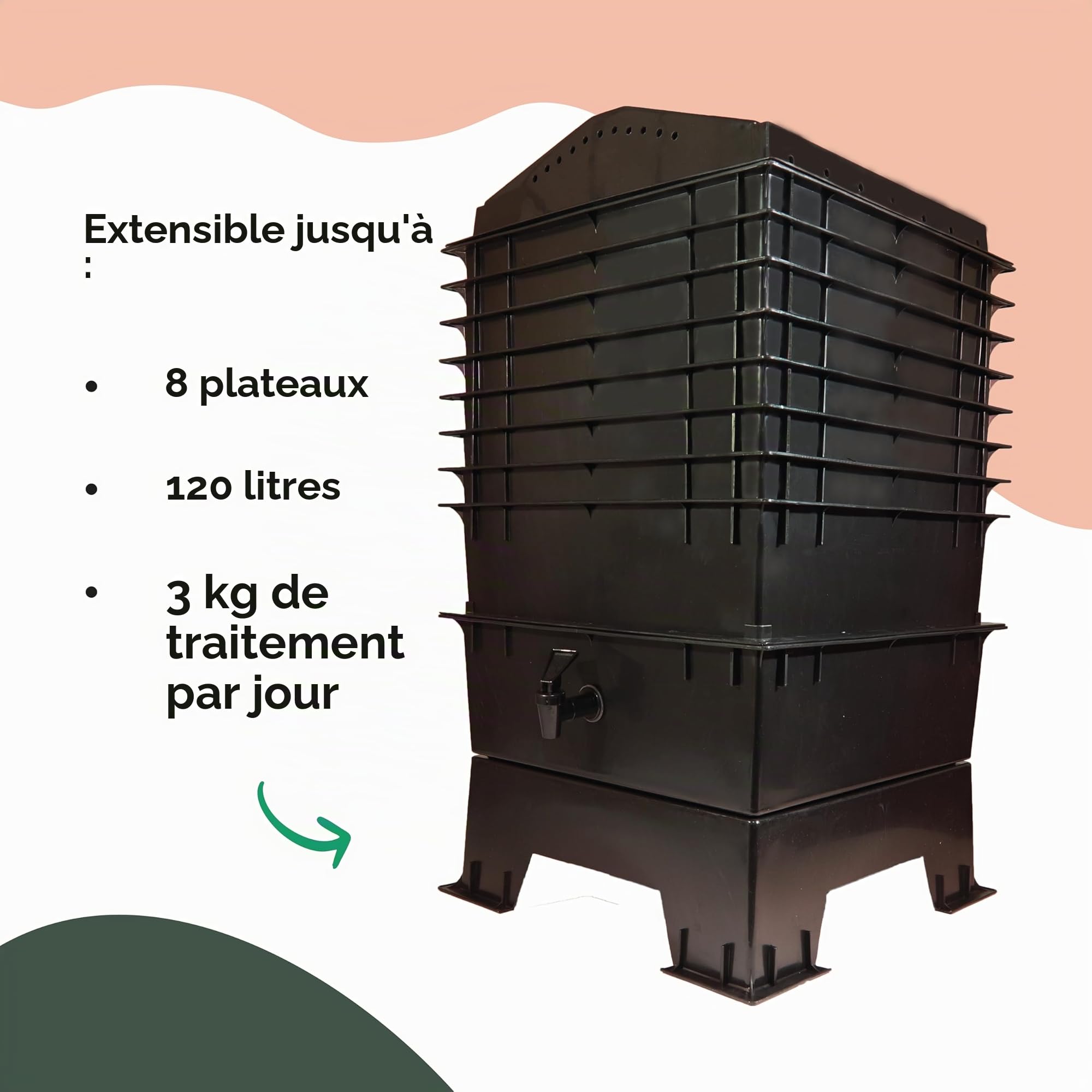 Lombricomposteur 4 Plateaux Kit Complet | 150gr de vers de Compost | Substrat de démarrage + Bloc de Coco + Accessoires | Intérieur, Balcon et Jardin (Noir)