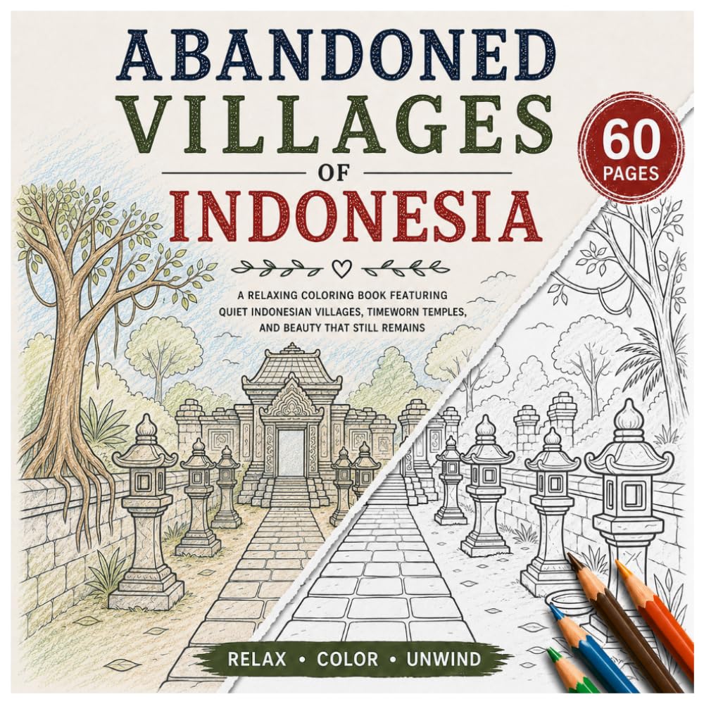 Abandoned Indonesia villages: A Relaxing Coloring Book Featuring Charming Indonesia Villages, Sunny Mediterranean Streets, Historic Architecture, Cozy ... Coastal Scenes (Abandoned Villages Series)