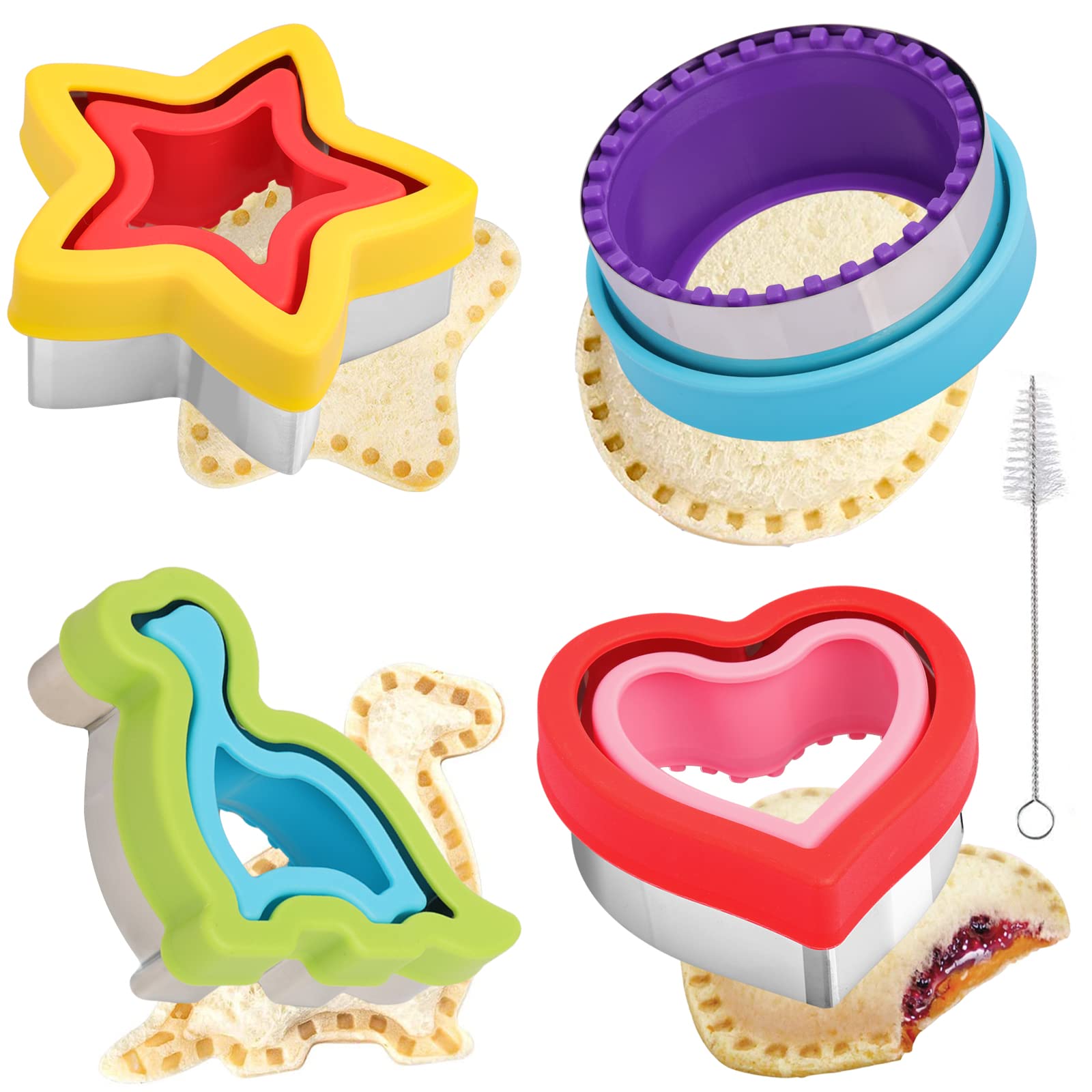 WAEKIYTL Sandwich Cutter and Sealer, 4pcs Large Cookie Cutters with Cleaning Brush Heart Dinosaur Circle Star Cut and Seal Sandwich Cutters Set for Kids Lunch Bento Box