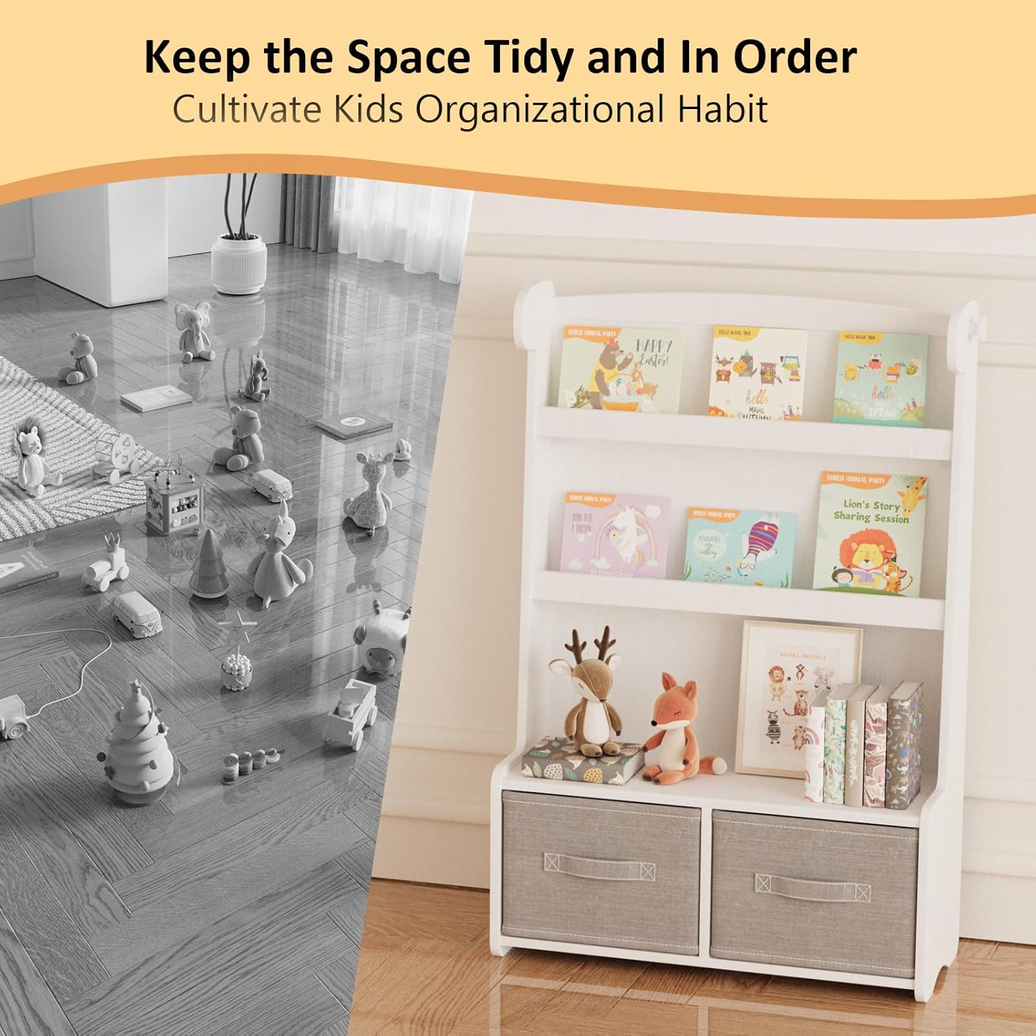 Kids Bookshelf and Toy Storage Organizer, 3 Tier Bamboo Todders Book Shelf Large Book Rack for Child Room Playroom Nursery for Kids, Children, Toddlers (White) - Image 4