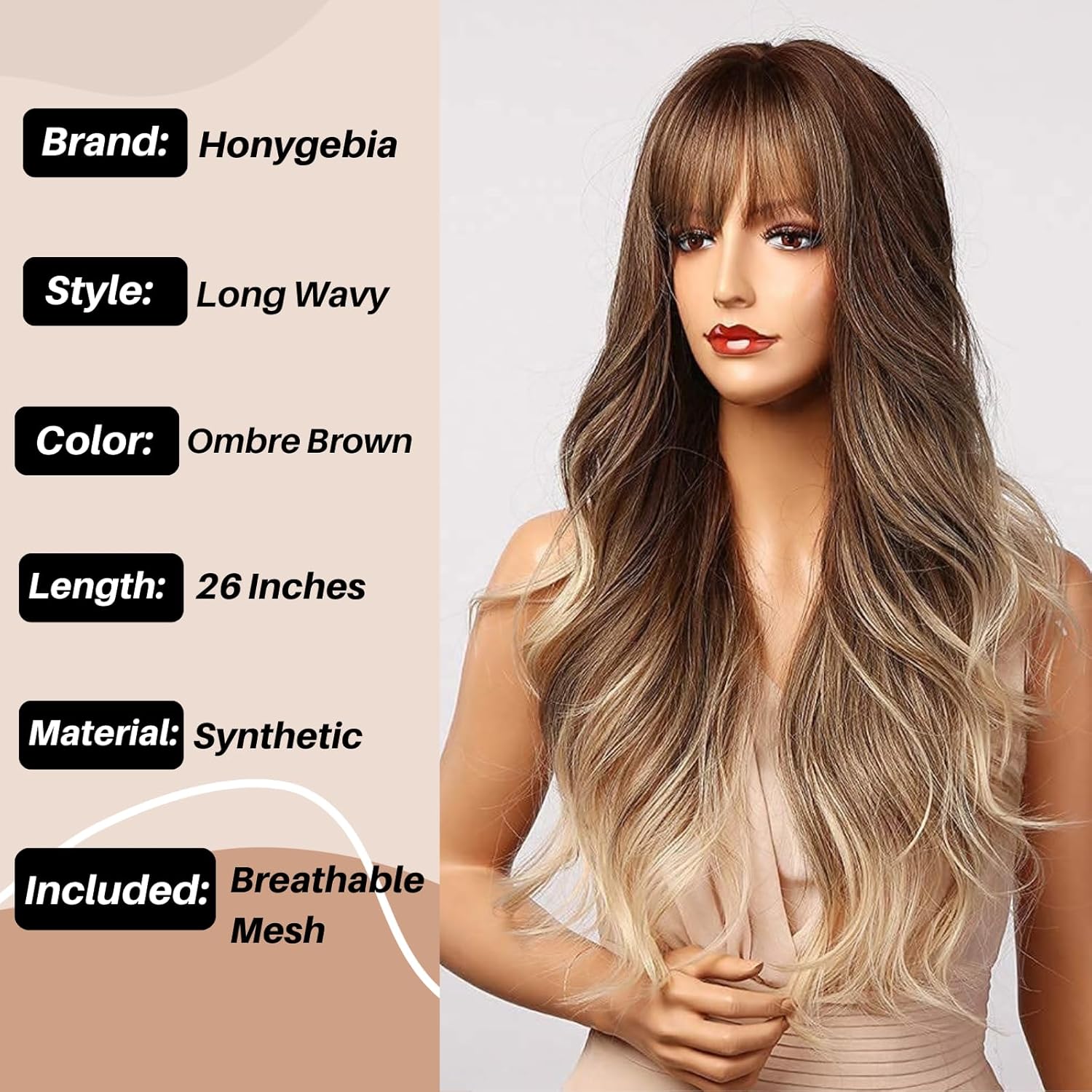 Honygebia Light Brown Wig with Bangs - Long Ombre Wavy Wigs for White Women, Ash White Synthetic Heat Resistant Hair, Natural Best Wigs for Halloween/Christmas/Cosplay/Party