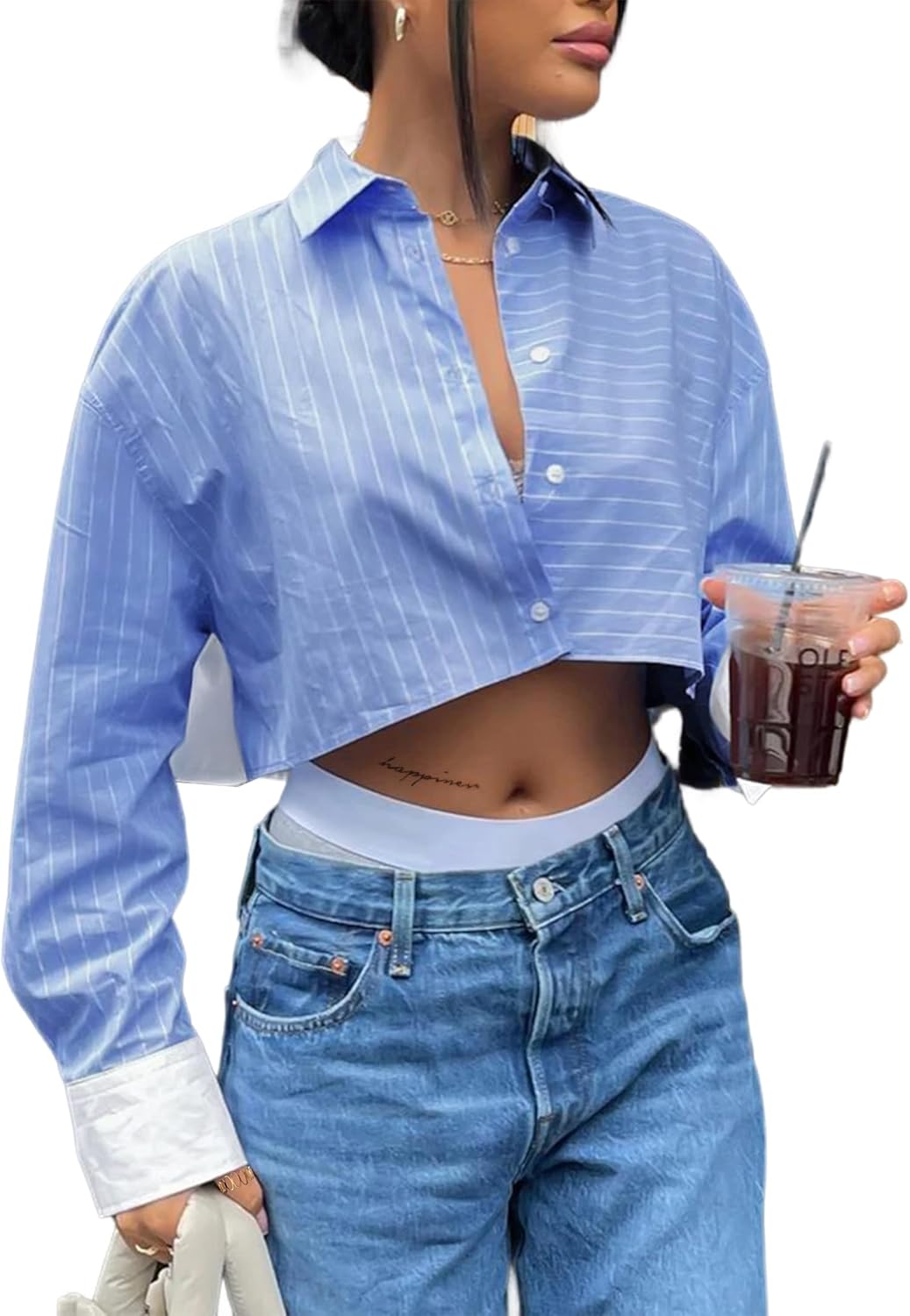 Remidoo Women's Casual Striped Cropped Button Down Shirt Long Sleeve Crop Top Blue Small