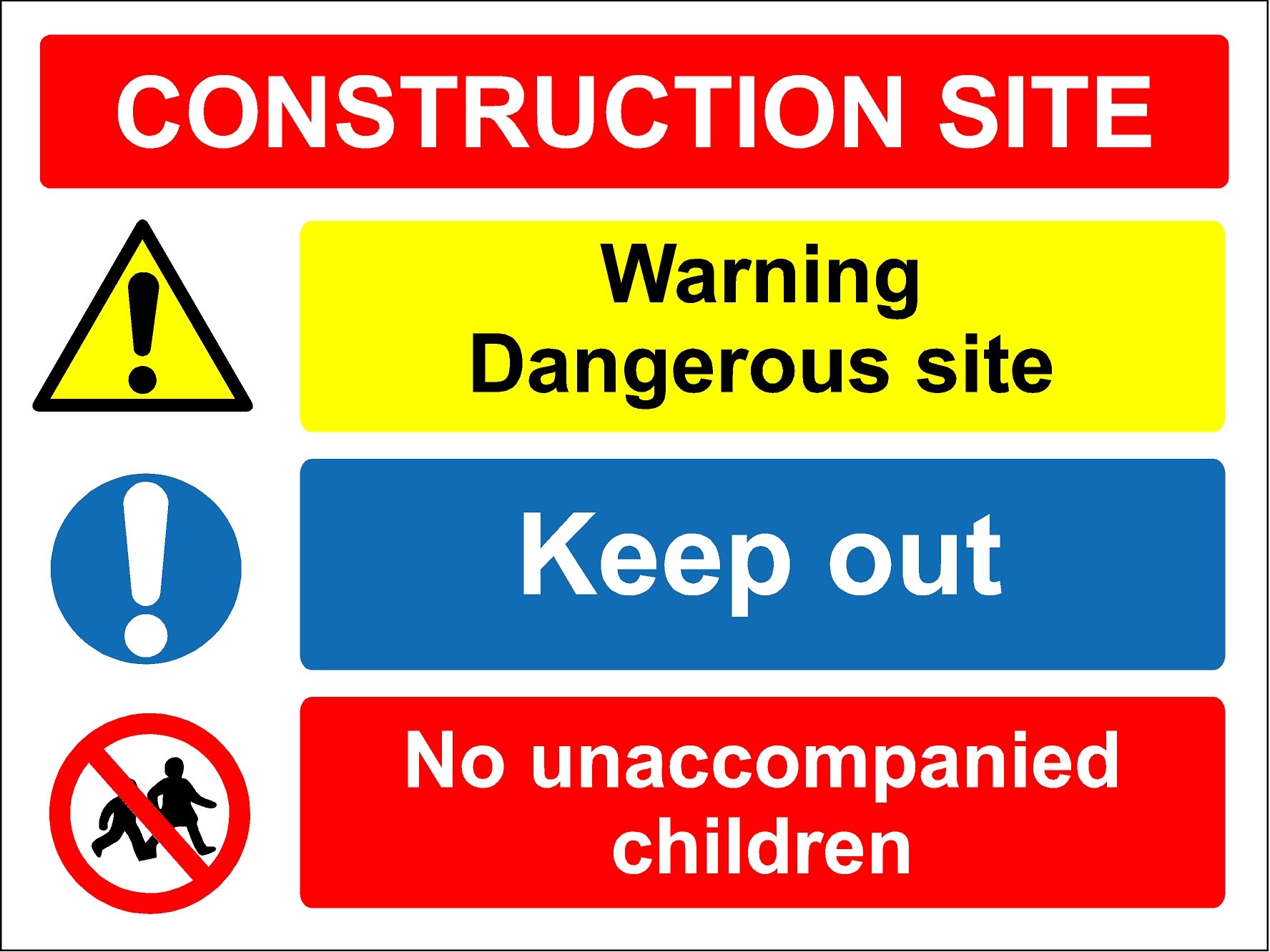 Construction site safety sign - Children must be accompanied dangerous site keep out multi sign - 1.2mm Rigid plastic 600mm x 400mm