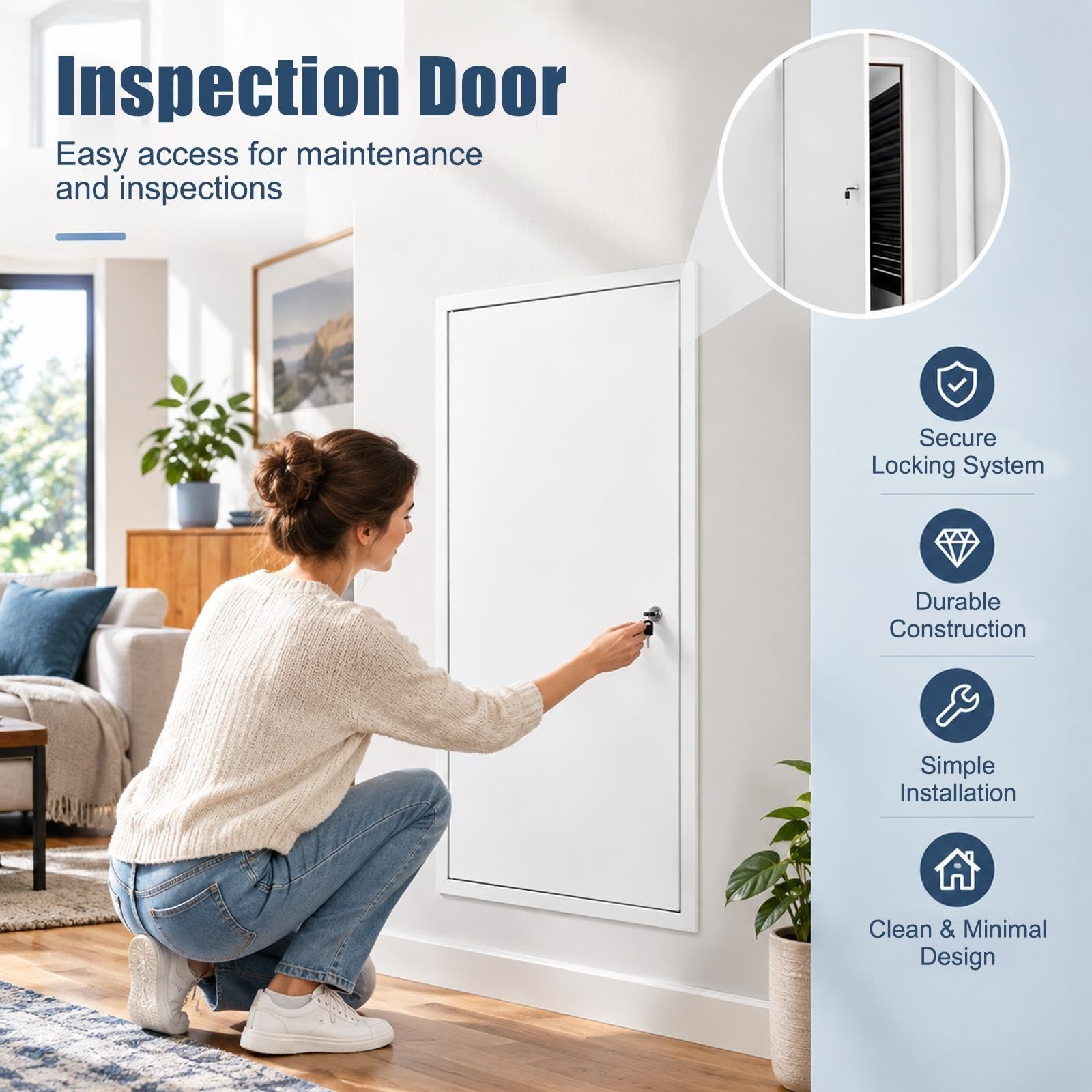 Puerta de acceso de aluminio duradera para áticos con sistema de bloqueo seguro y llaves, ideal para el mantenimiento de la fontanería y el equipo, fácil instalación, uso versátil en hogares y espacio