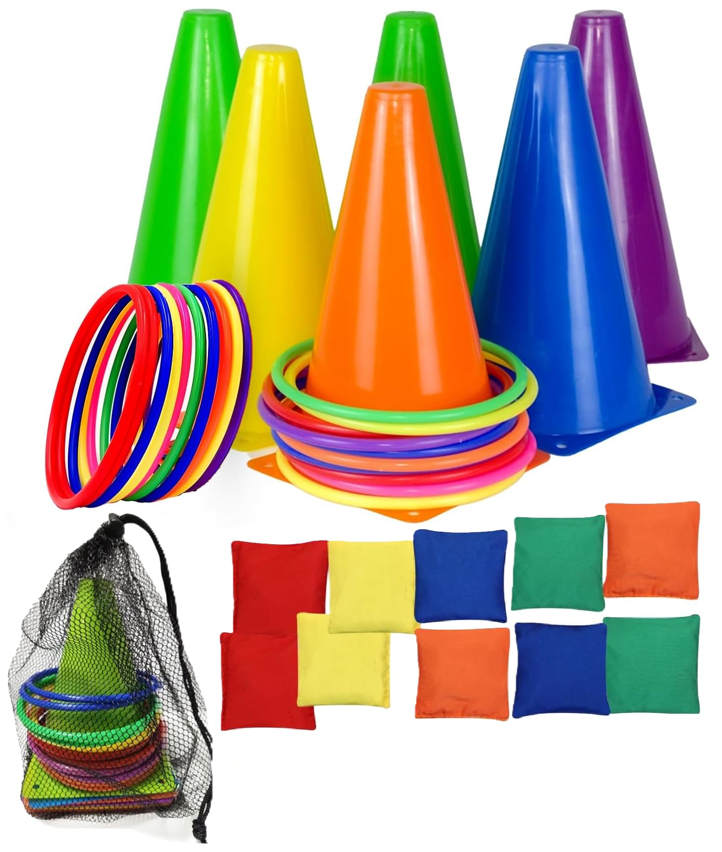 Unibos | 3-In-1 Carnival Games Set For Kids – 32-Piece Outdoor Party & Garden Games With Soft Plastic Cones, Bean Bags & Ring Toss – Birthday Party Fun