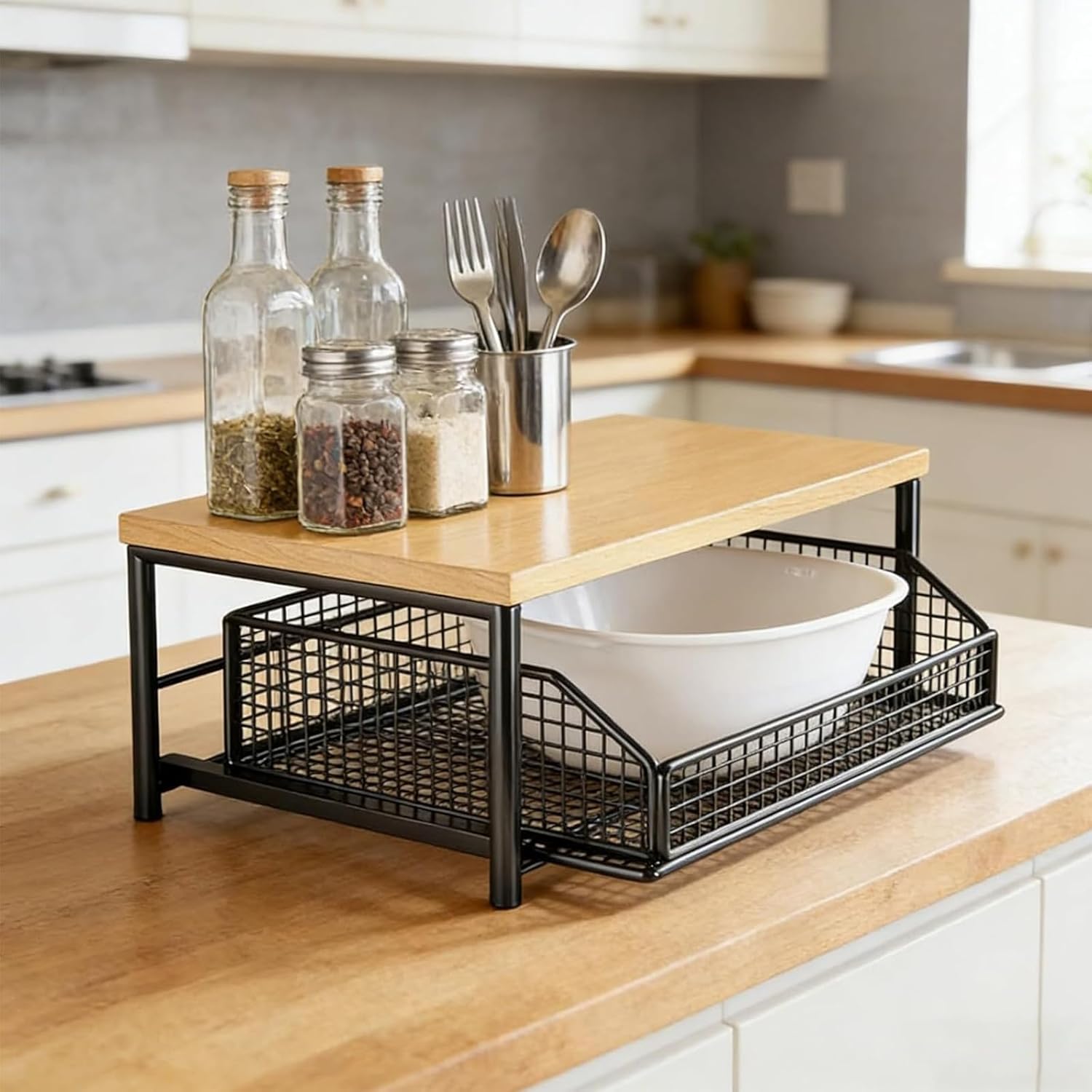 Countertop Drawer-Kitchen Countertop Organizer With Drawer And Wire Basket, Sturdy Hardwood Shelf, Space-Saving For Coffee Maker, Seasoning Bottle, Kitchenware (Single-layer,P2)