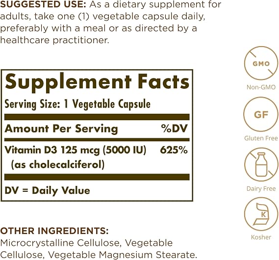 Solgar Vitamin D3 (Cholecalciferol) 125 mcg (5000 IU), 240 Vegetable Capsules (Pack of 2) - Helps Maintain Healthy Bones & Teeth - Immune System Support - Non-GMO, Gluten Free - 480 Total Servings