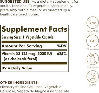 Solgar Vitamin D3 (Cholecalciferol) 125 mcg (5000 IU), 240 Vegetable Capsules (Pack of 2) - Helps Maintain Healthy Bones & Teeth - Immune System Support - Non-GMO, Gluten Free - 480 Total Servings