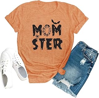 Momster T Shirt Women Funny Halloween Spider Bat Graphic Tee Casual Mom Ster Letter Print Fall Pumpkin Tops