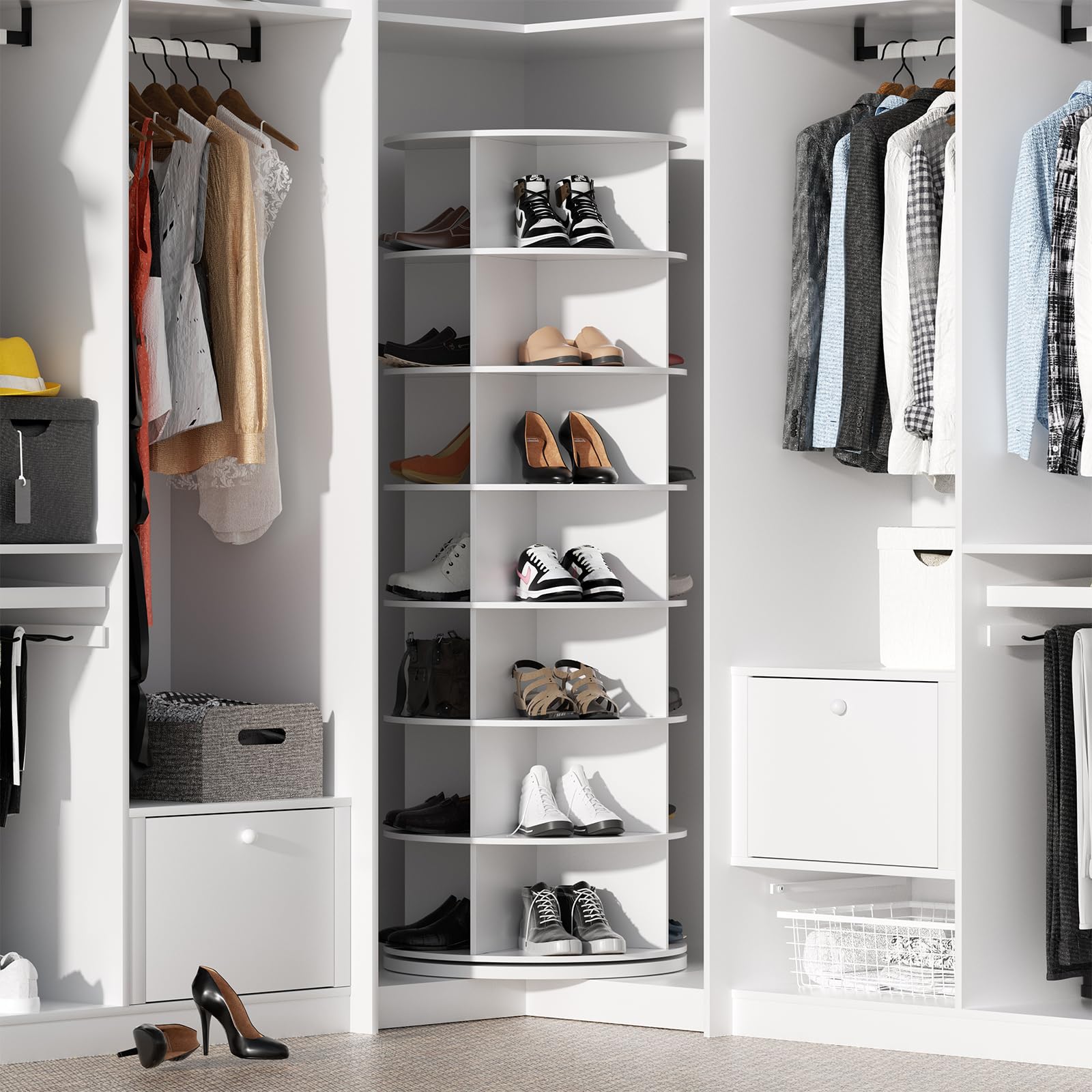 Drehbares Schuhschrank, Runder Schuhständer mit 7 Ebenen Drehbares 360-Grad-Schuhregal 60X60X160CM Schuhschrank-Organisation schuhregal weiß für Garderoben und Eingangsbereiche