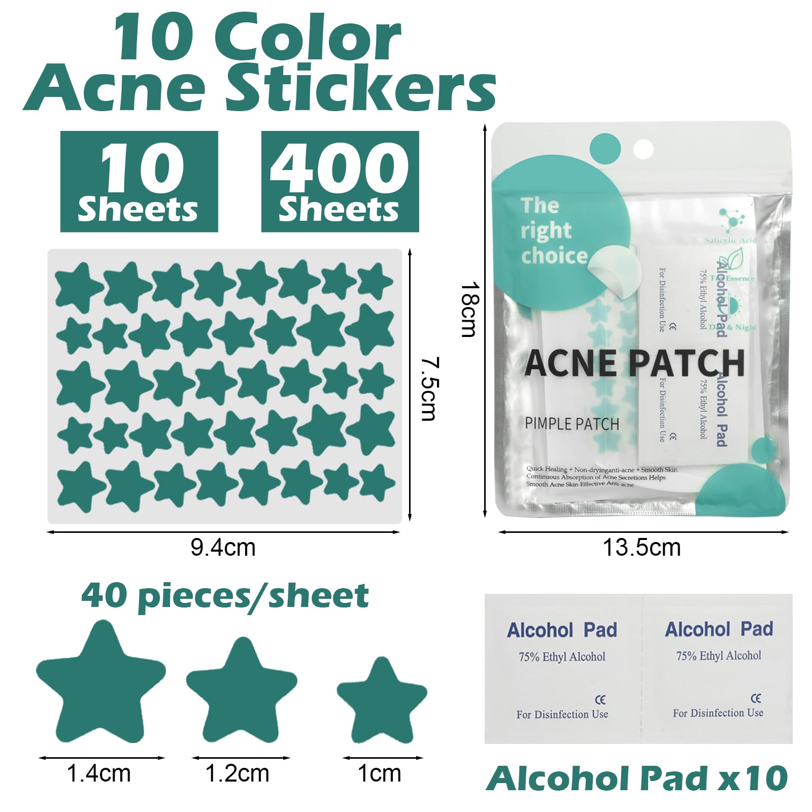 400 Pezzi Cerotti Brufoli, Pimple Patch Brufoli, Stelline Invisibili Idrocolloide Acne Pimple, 2-In-1 Cerotti Per Brufoli Viso con 10 Tamponi Imbevuti di Alcol e Pinzette