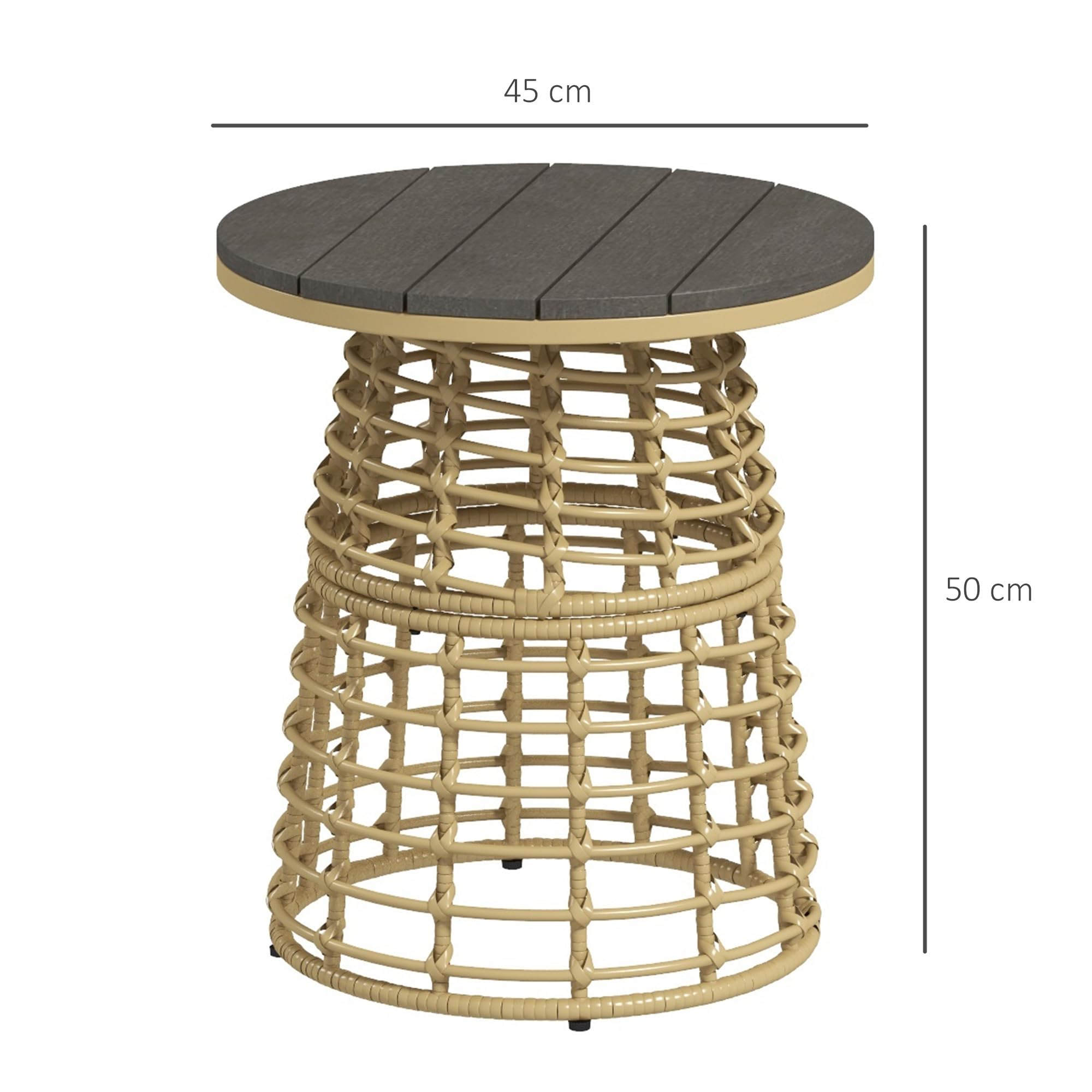 Outsunny Table Basse de Jardin Ronde Résine Rotin Métal Plateau Composite Ø 45 x 50 cm Naturel