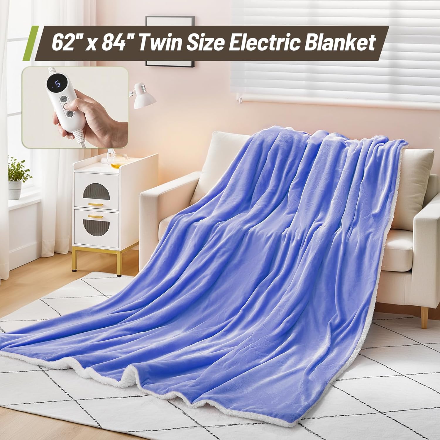 Heated Blanket Twin Size 62" x 84" - Soft Flannel Sherpa Electric Blanket Twin with 9 Heating Levels & 2-10H Auto Off, Machine Washable, Warm Gift for Grandma, Purple - Image 6