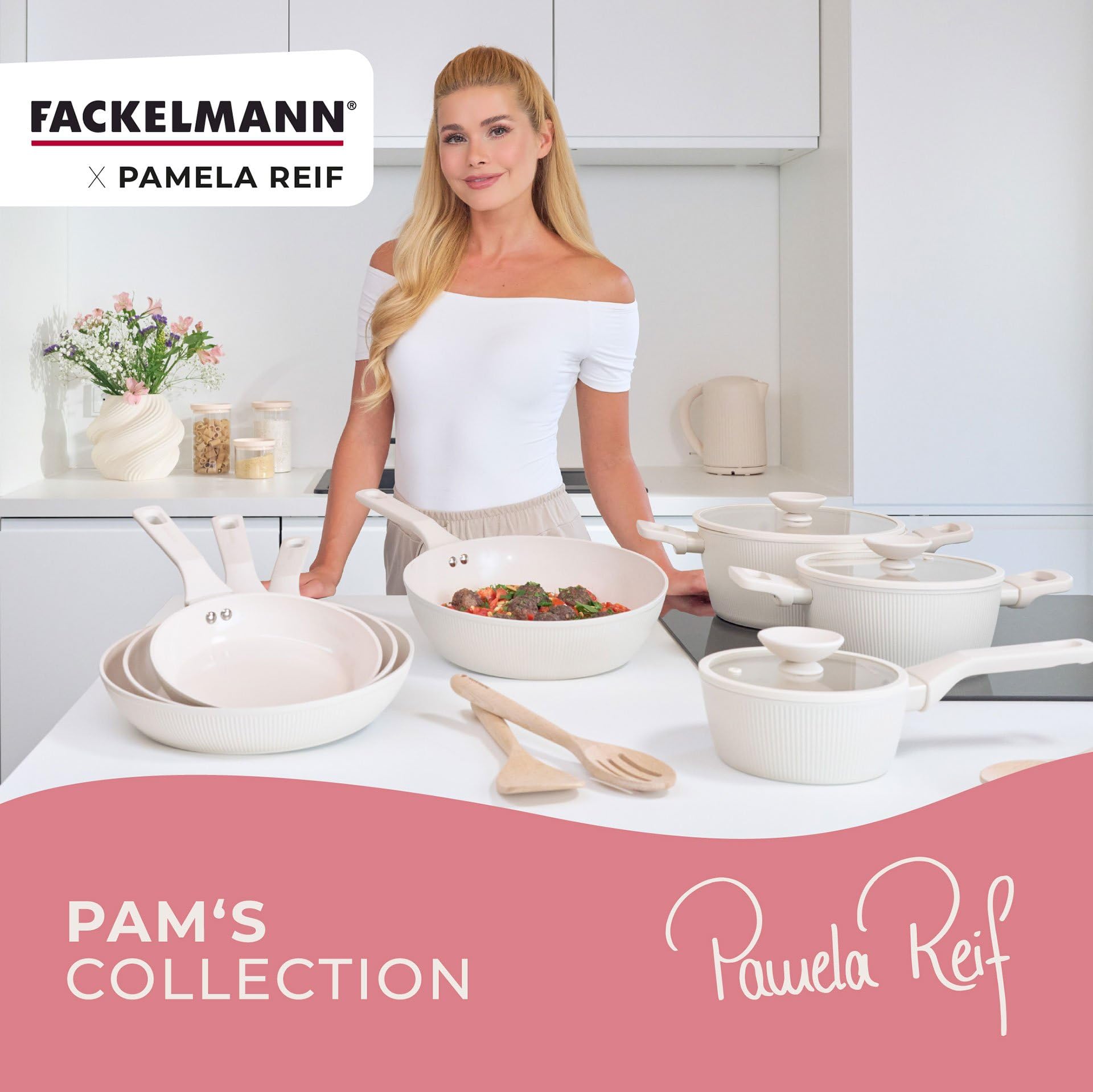 FACKELMANN x Pamela Reif Bratpfannen-Set 3-tlg Ø 20/24/28 cm – recyceltes Aluminium, Pastell-Beige, PFAS-freie Keramikbeschichtung, modernes Rillen-Design, für alle Herdarten