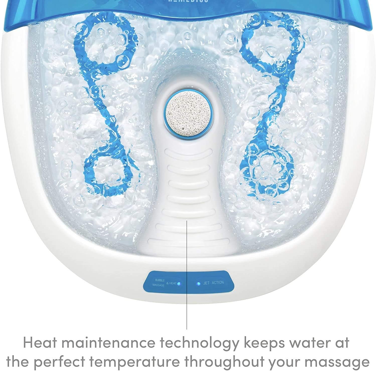 HoMedics Foot Spa with water and bubbles, highlighting heat maintenance