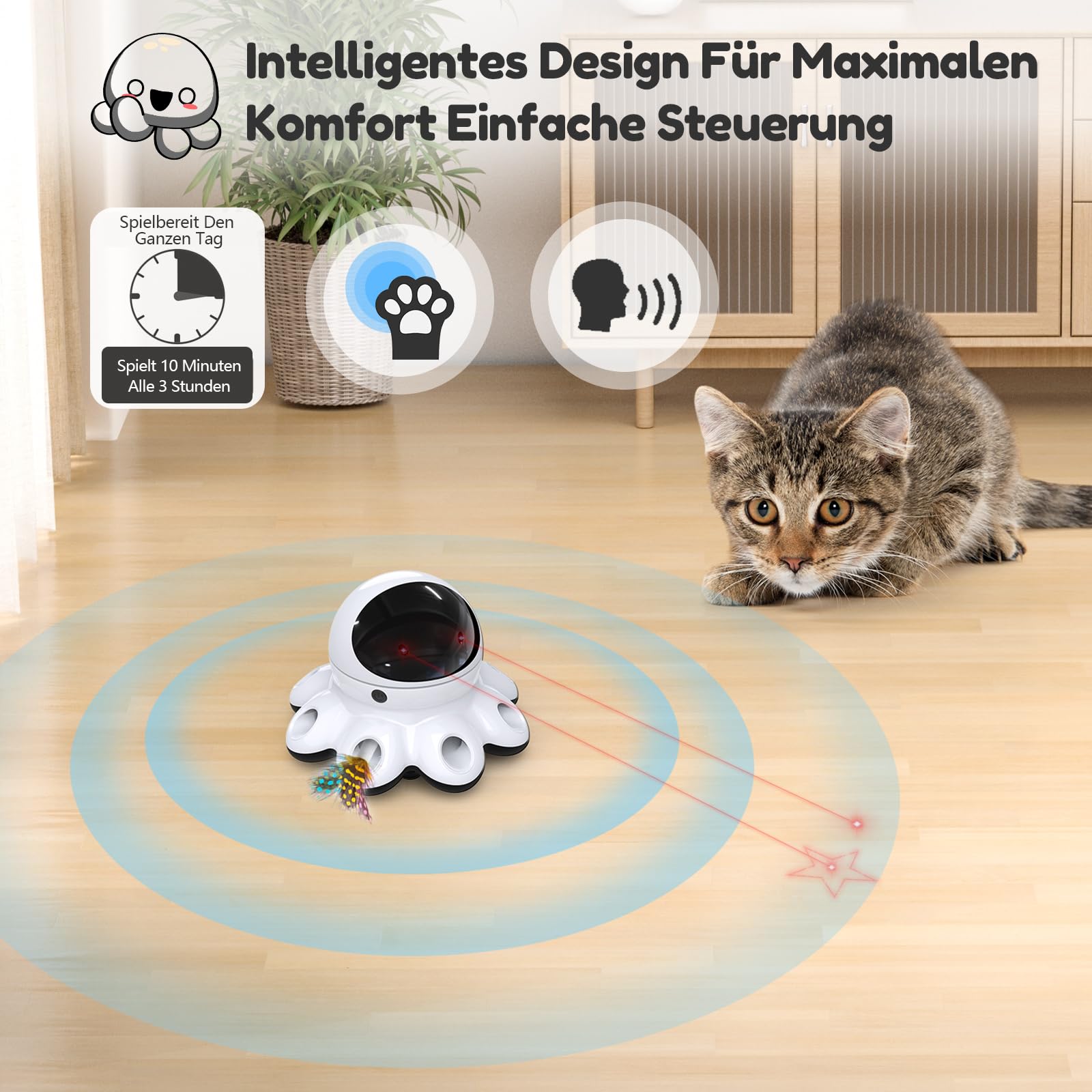 GoldenSun Katzenspielzeug, 2-in-1 Automatisches Katzenspielzeug, 8-Loch Whack-a-Mole & 360° Zufallsbewegung, USB Wiederaufladbar, Interaktives Katzenspielzeug für Gelangweilte Wohnungskatzen