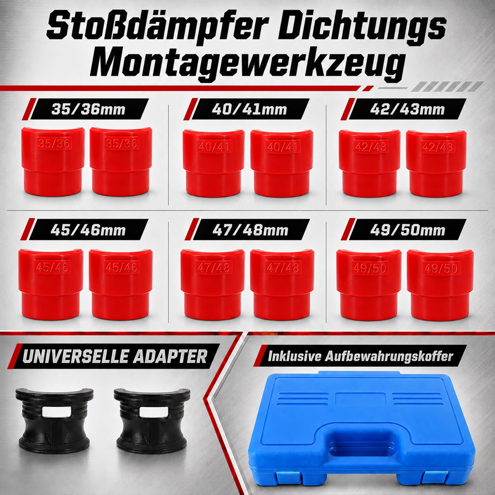 Controlador Sello Horquilla 35-50mm para Motocicleta, Herramienta de Instalación de Retenes de Horquilla con 6 Adaptadores de Plástico para Horquillas Delanteras Convencionales e Invertidas