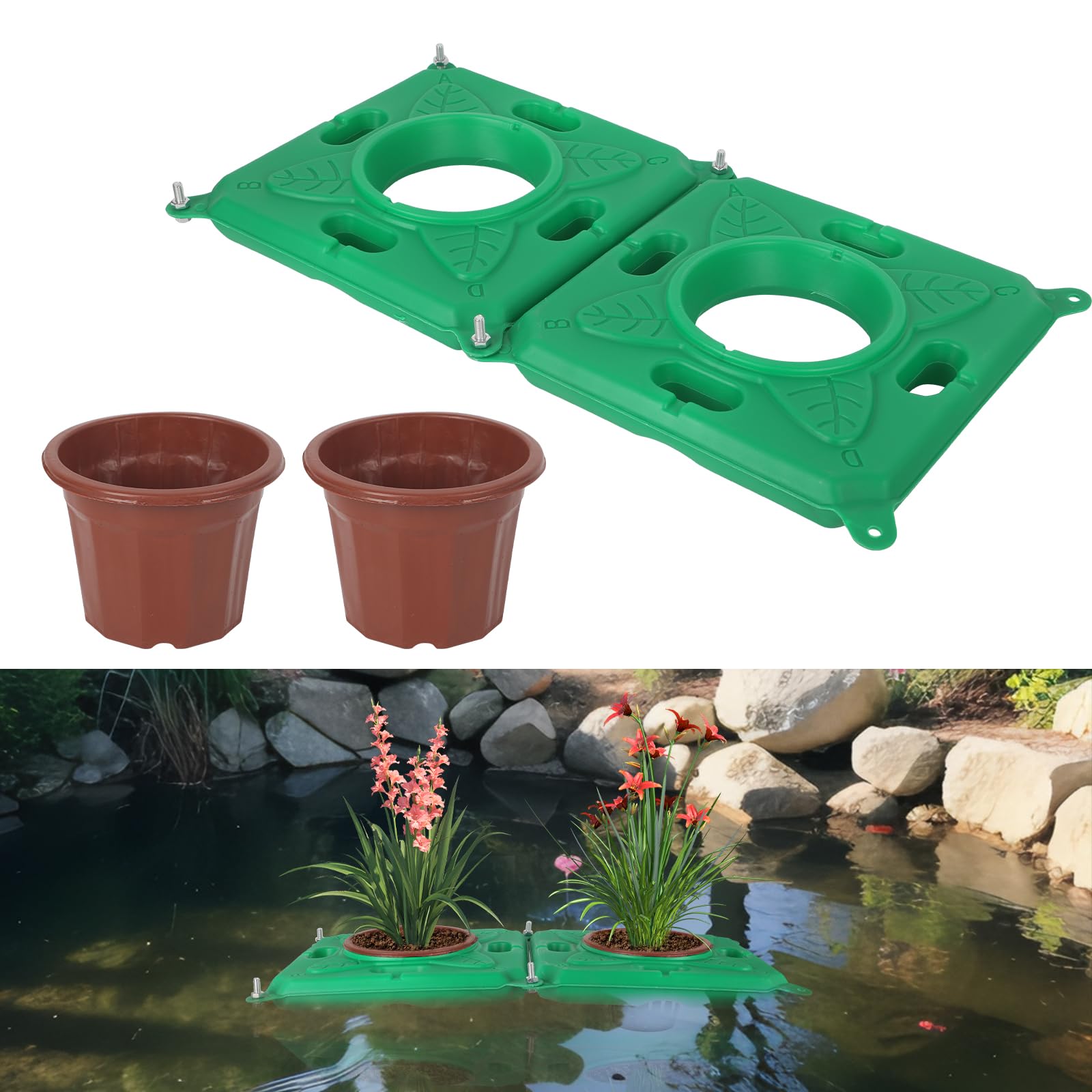 GHIBFBT Floating Pond Planters, Decorative Hydroponic Island Garden Planter for Aquatic Plants, Plastic lant Baskets for Pool, Landscaping (2, Square+brown pot)