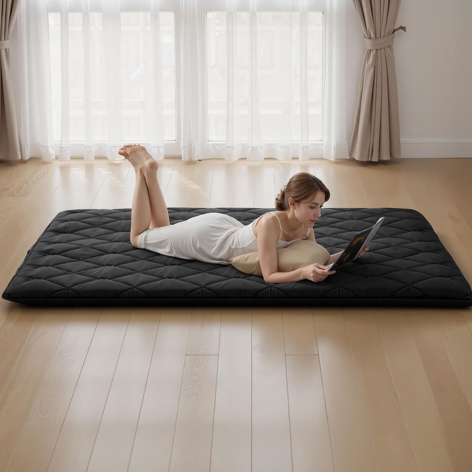 VEVOR 9-warstwowy japoński materac futon, grubość 8,9 cm, mata, składany zwijany materac do spania, z torbą do przechowywania, przenośny materac podłogowy, na kemping, do akademika, jogi, czarny