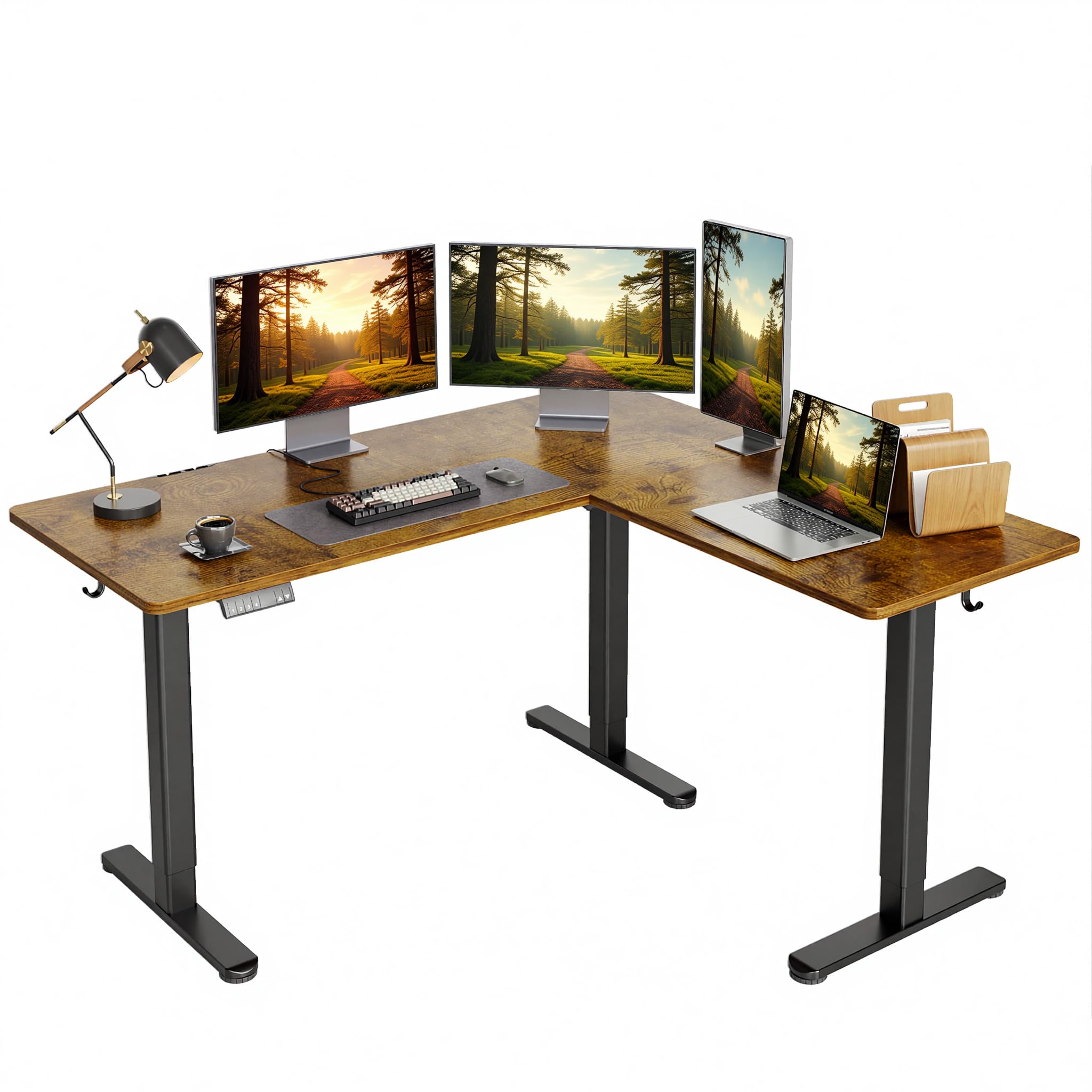 YDN Electric L-Shaped Standing Desk in a home office setting with monitors and a laptop.