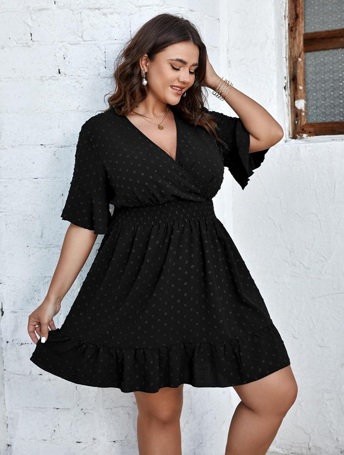 SCOMCHIC Plus Size Casual Summer Dress for Women Swiss Dot Wrap V Neck Ruffle Sleeve Smock Boho Mini Dress - Image 2